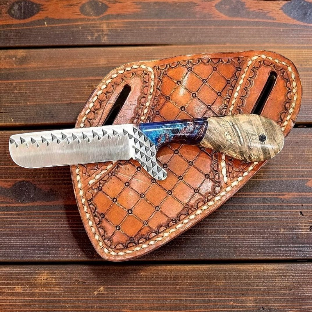 The Stampede – Custom Handmade Farrier Rasp Steel Western Bull Cutter Knife with Rosewood & Epoxy Resin Handle & Leather Sheath