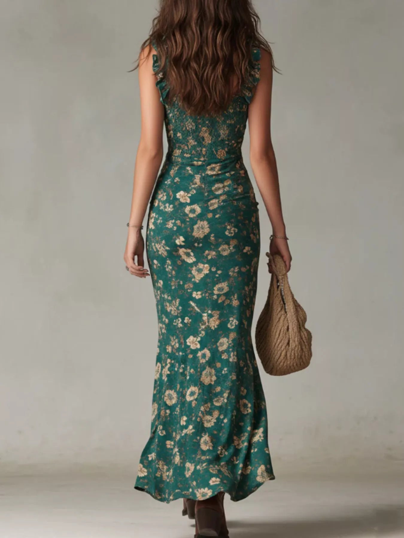 Floral Ruched Slit Maxi Dress
