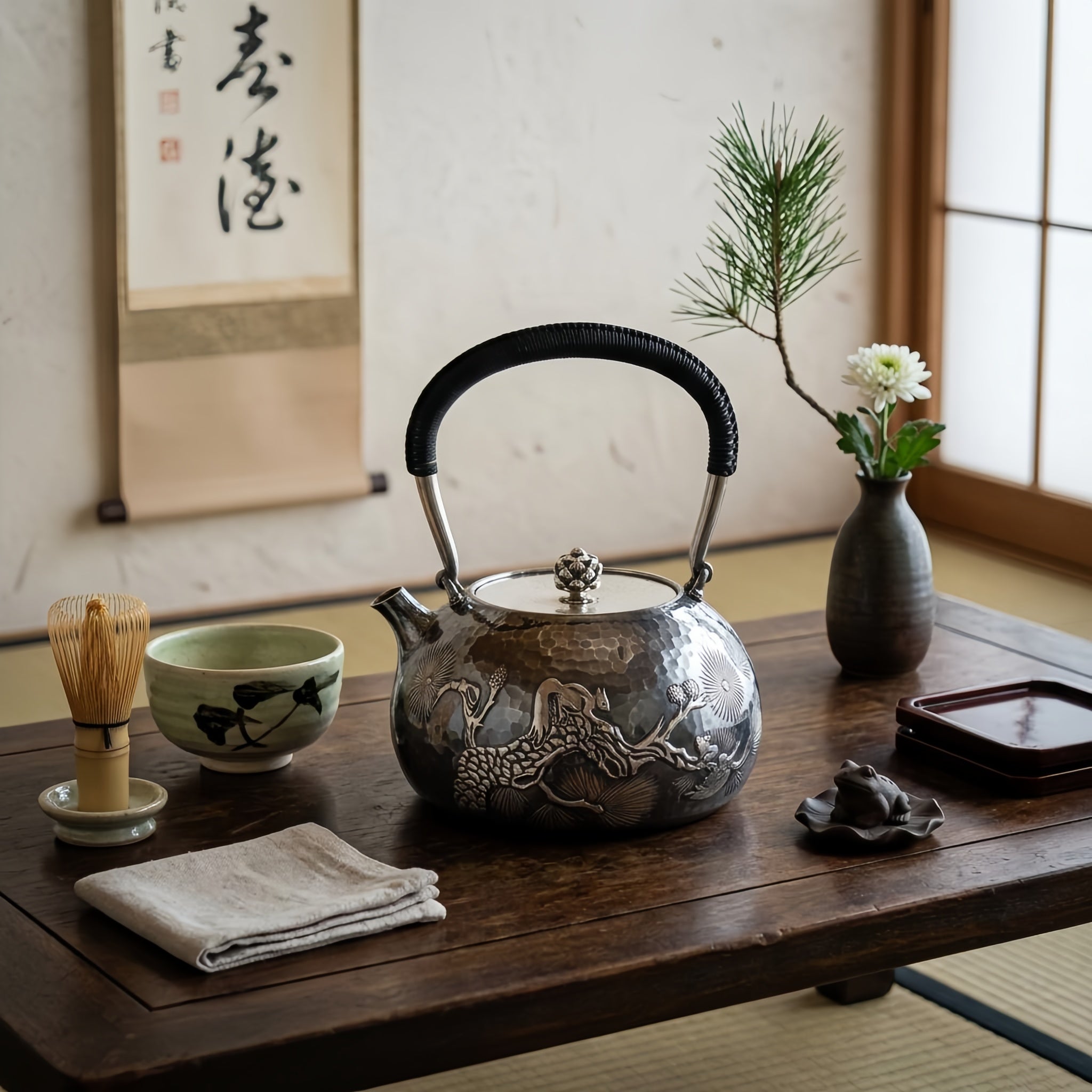 925 Sterling Silver Elegant Handcrafted  Teapot with Nature-Inspired Squirrel and Pine Cone Design-Fine large teapot - Handicraft