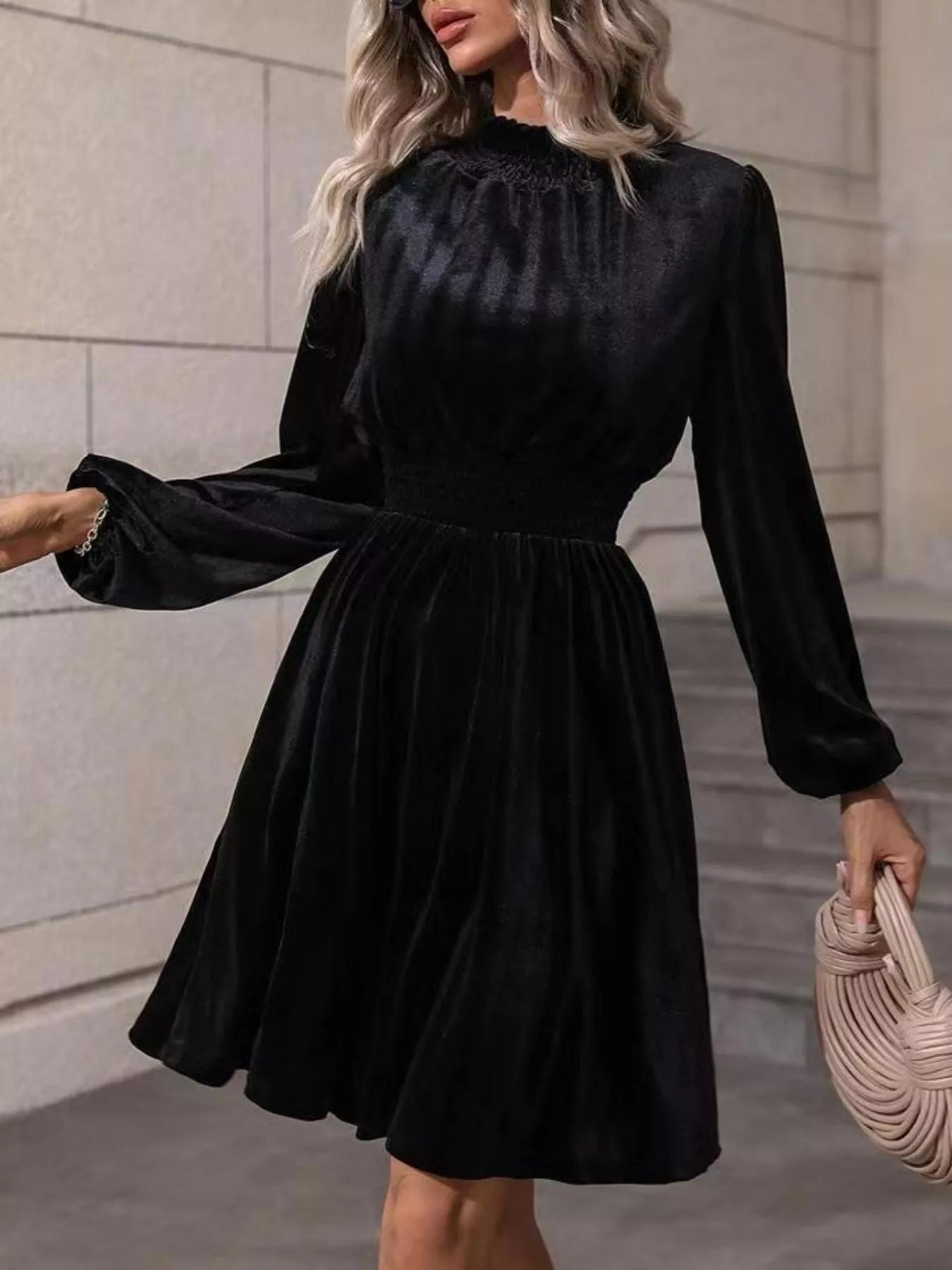 Velvet High Neck Long Sleeve A-Line Dress