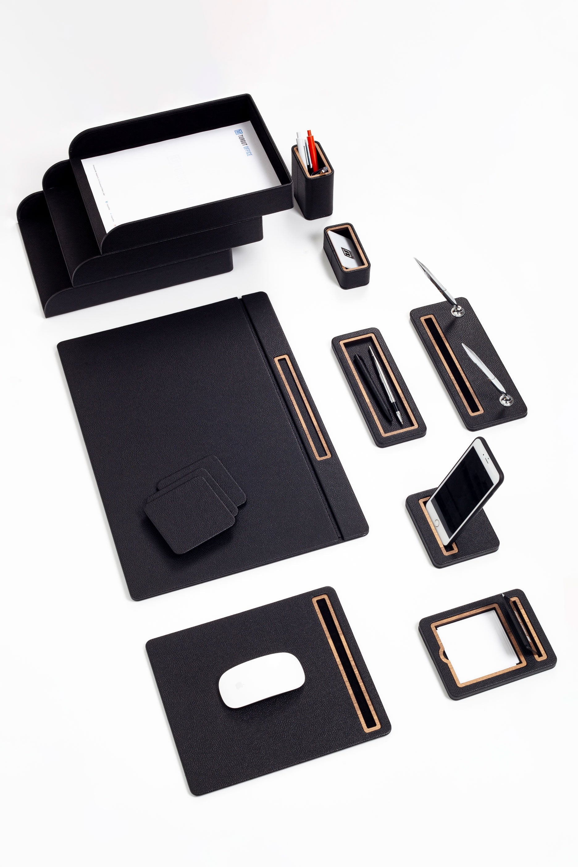 Pera Leather Desk Set 12 Pieces Covered Model With Three Document Shelves