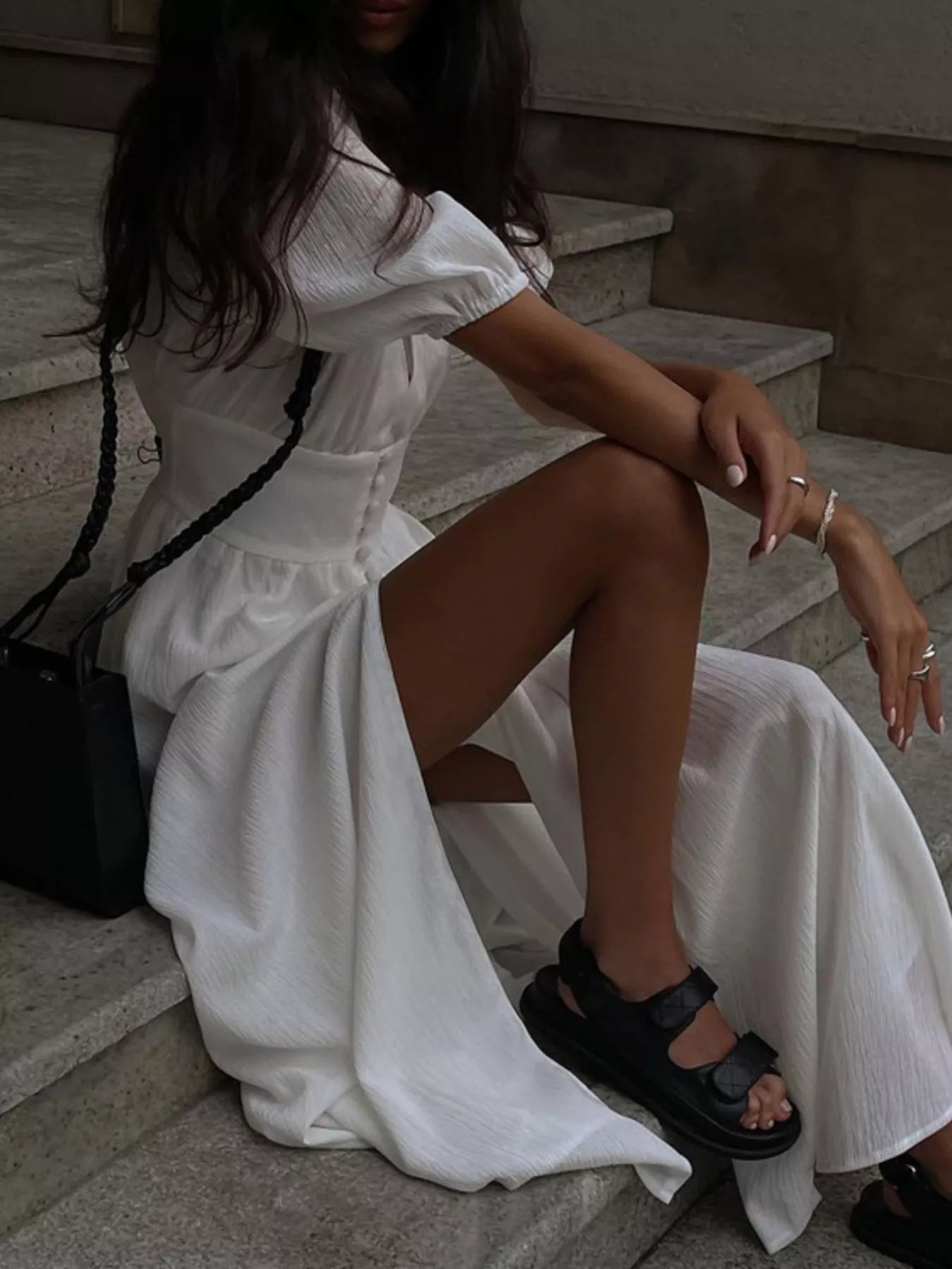 Slit Puff Sleeve Maxi Dress