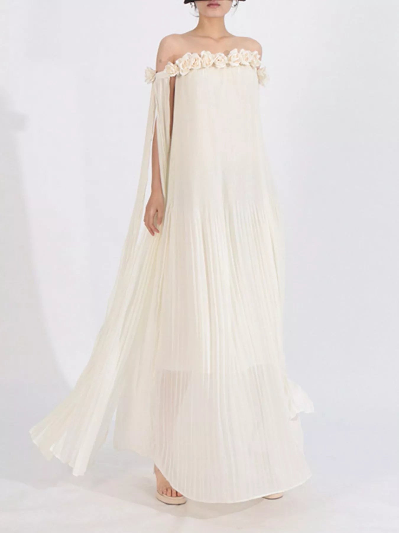 Off-Shoulder Floral Pleated Maxi Dress