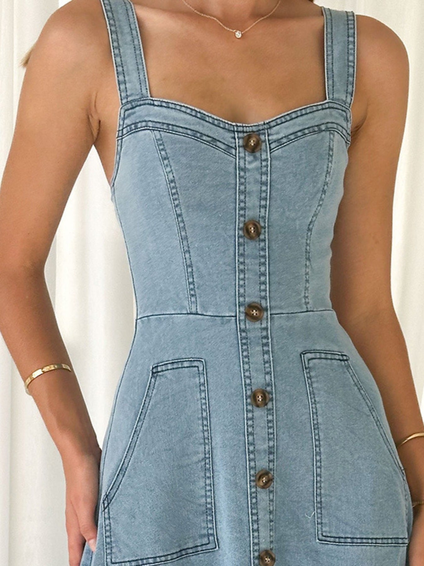 Decor Button Front A-Line Denim Dress