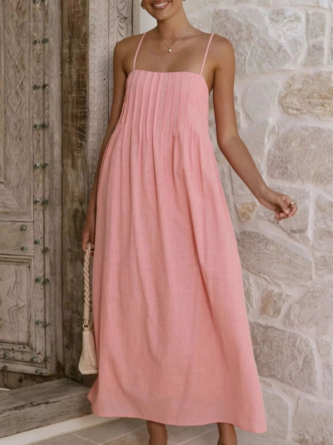 Pleated Bodice Midi Cami Dress