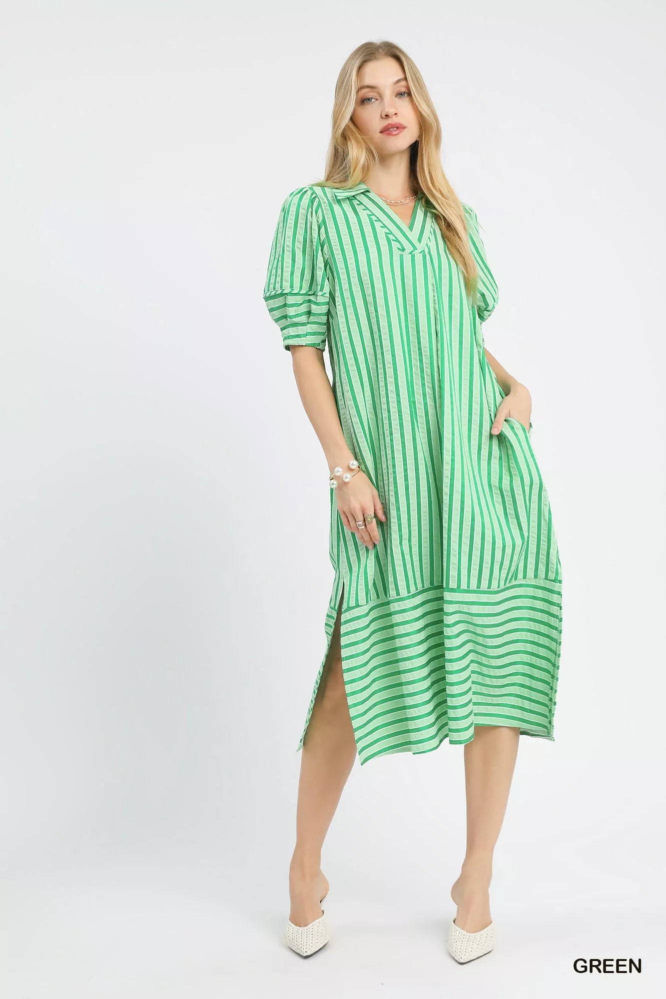 Umgee Striped Puff Sleeve Midi Dress