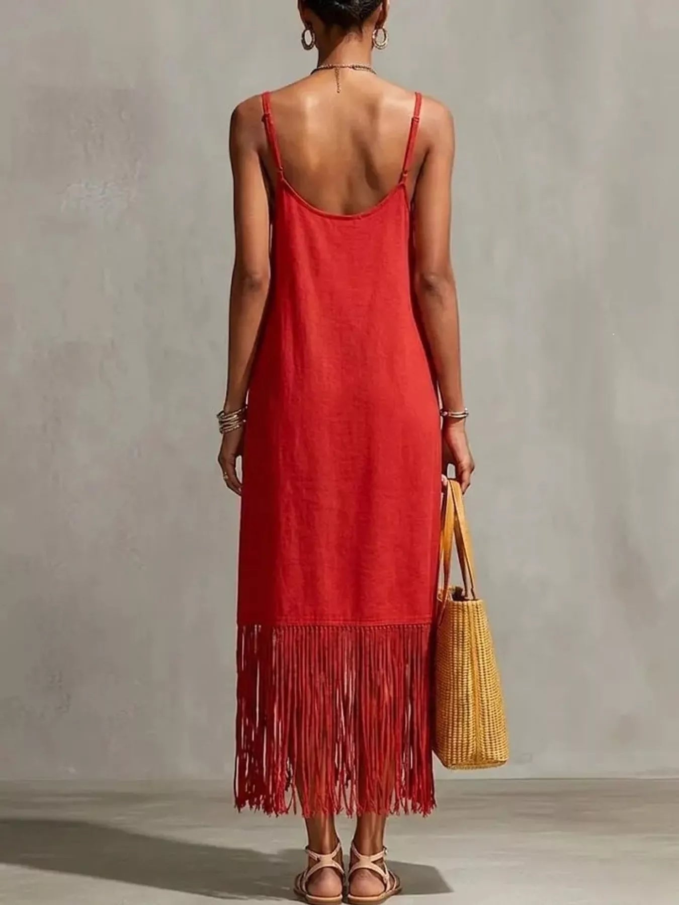 Full Size Fringe V-Neck Spaghetti Strap Dress Plus Size