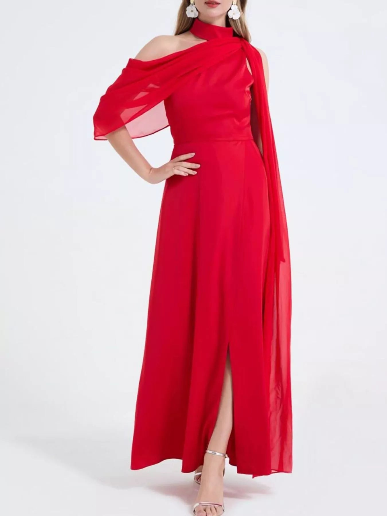 Asymmetrical Neck High Slit Maxi Dress