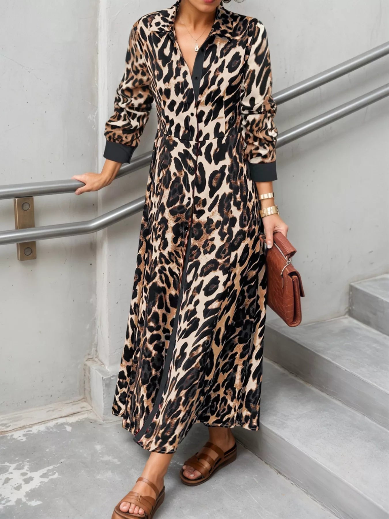 Leopard Print Long Sleeve Shirt Dress with Contrast Trim