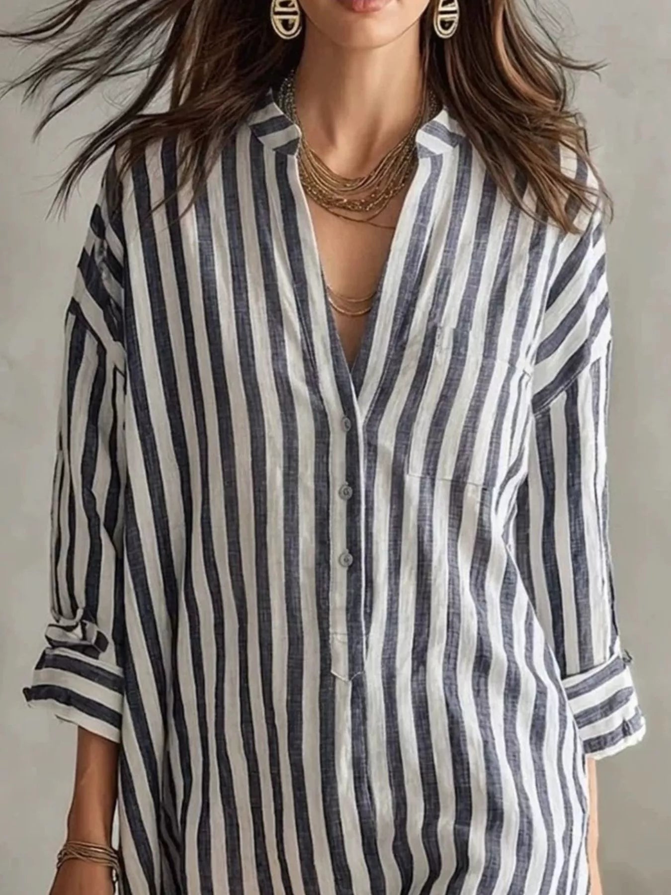 Full Size Striped 3/4 Sleeve Shirt Dress Plus Size