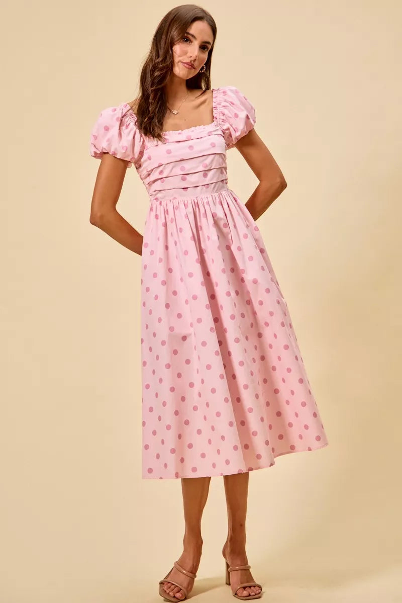 SO ME Polka Cotton Print Short Sleeves Midi Dress