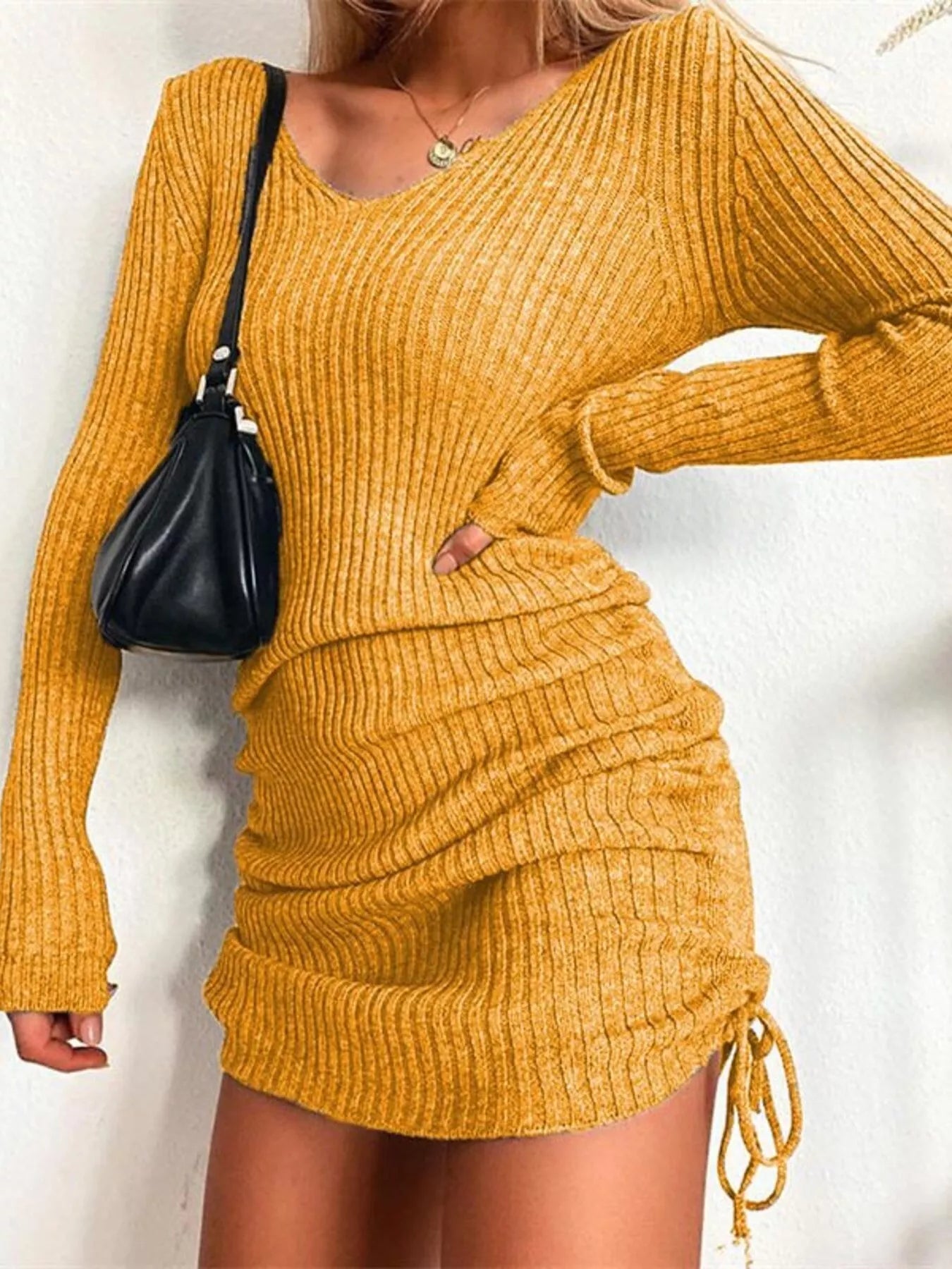 Full Size Ribbed Knit Drawstring Bodycon Sweater Dress Plus Size