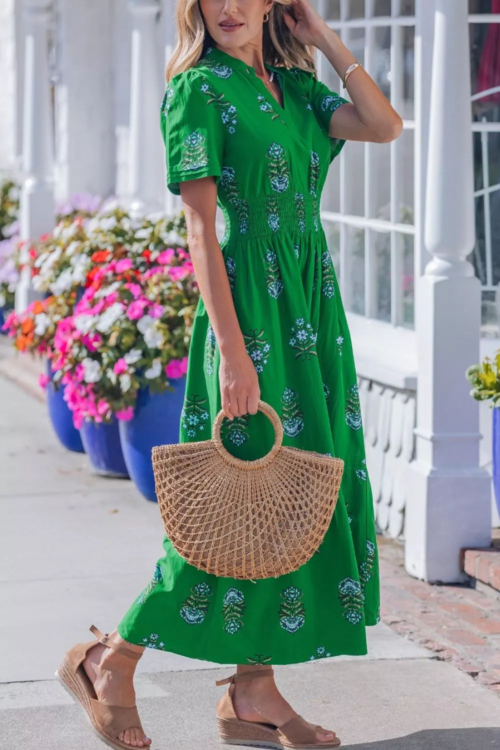 Floral Print Smocked Waist Maxi Dress