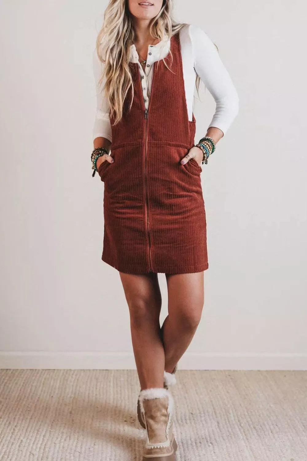 Ribbed Corduroy Zip-Up Sleeveless Pocket Sheath Dress