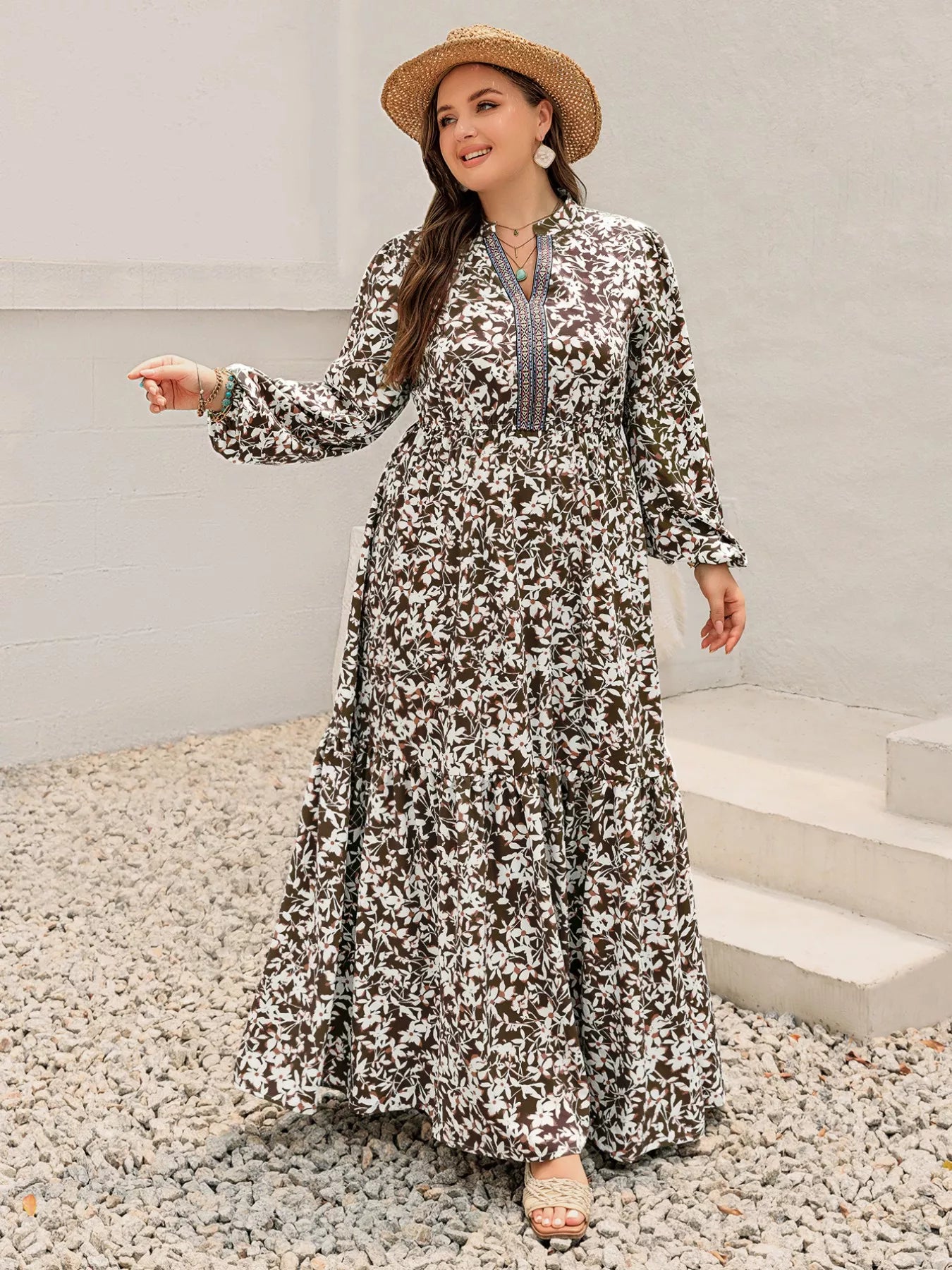 Plus Size Floral Print Long Sleeve Maxi Dress