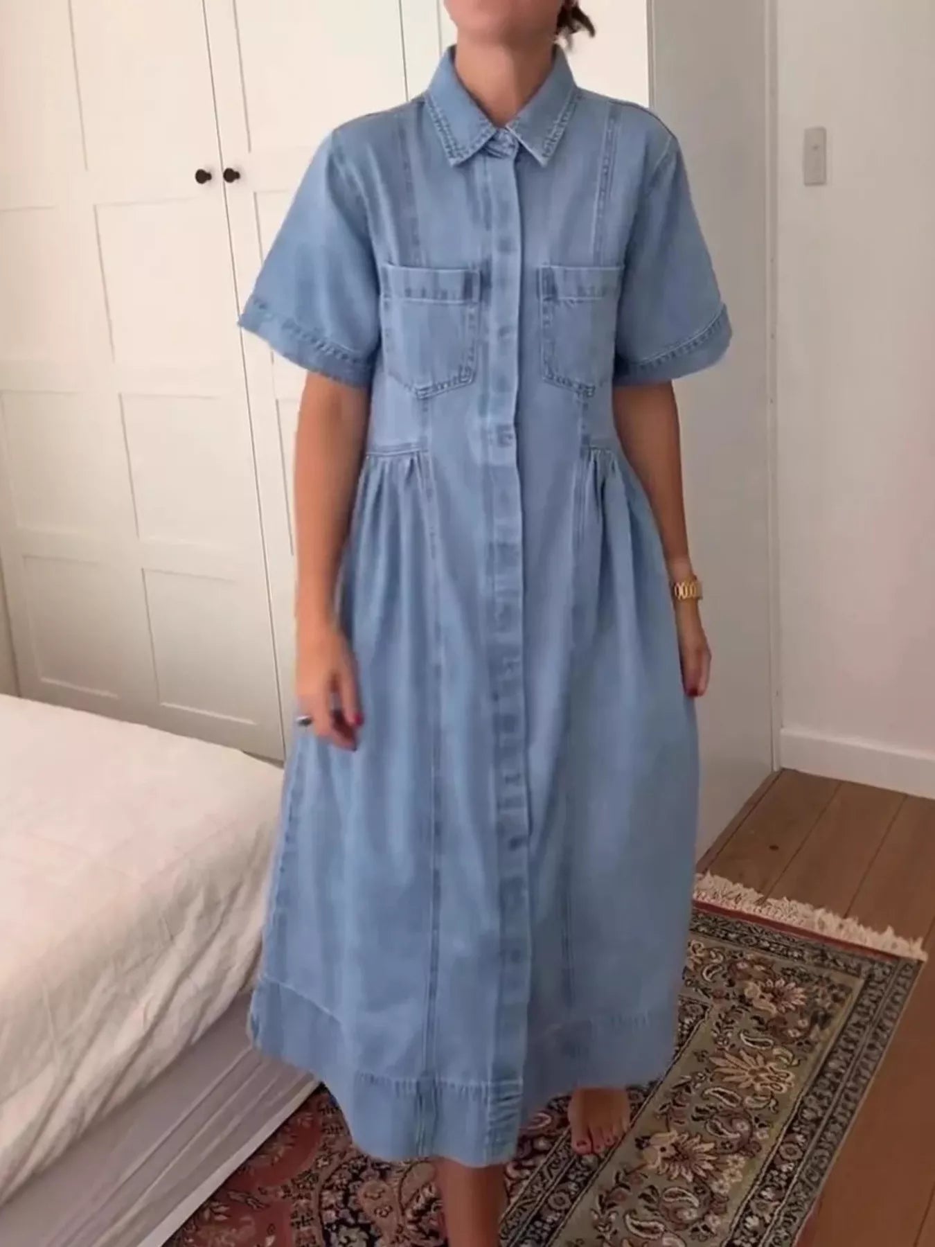 Full Size Button Front Denim Midi Dress Plus Size