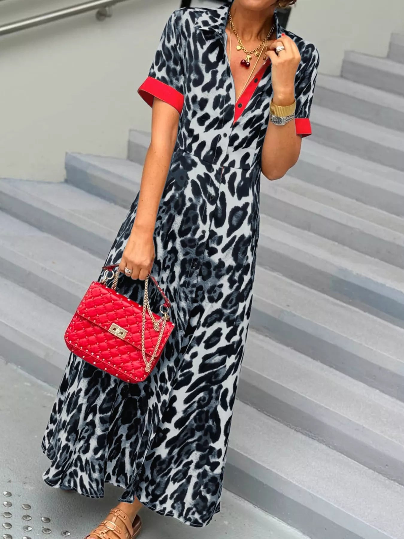 Leopard Print Button-Down Dress with Contrast Trim