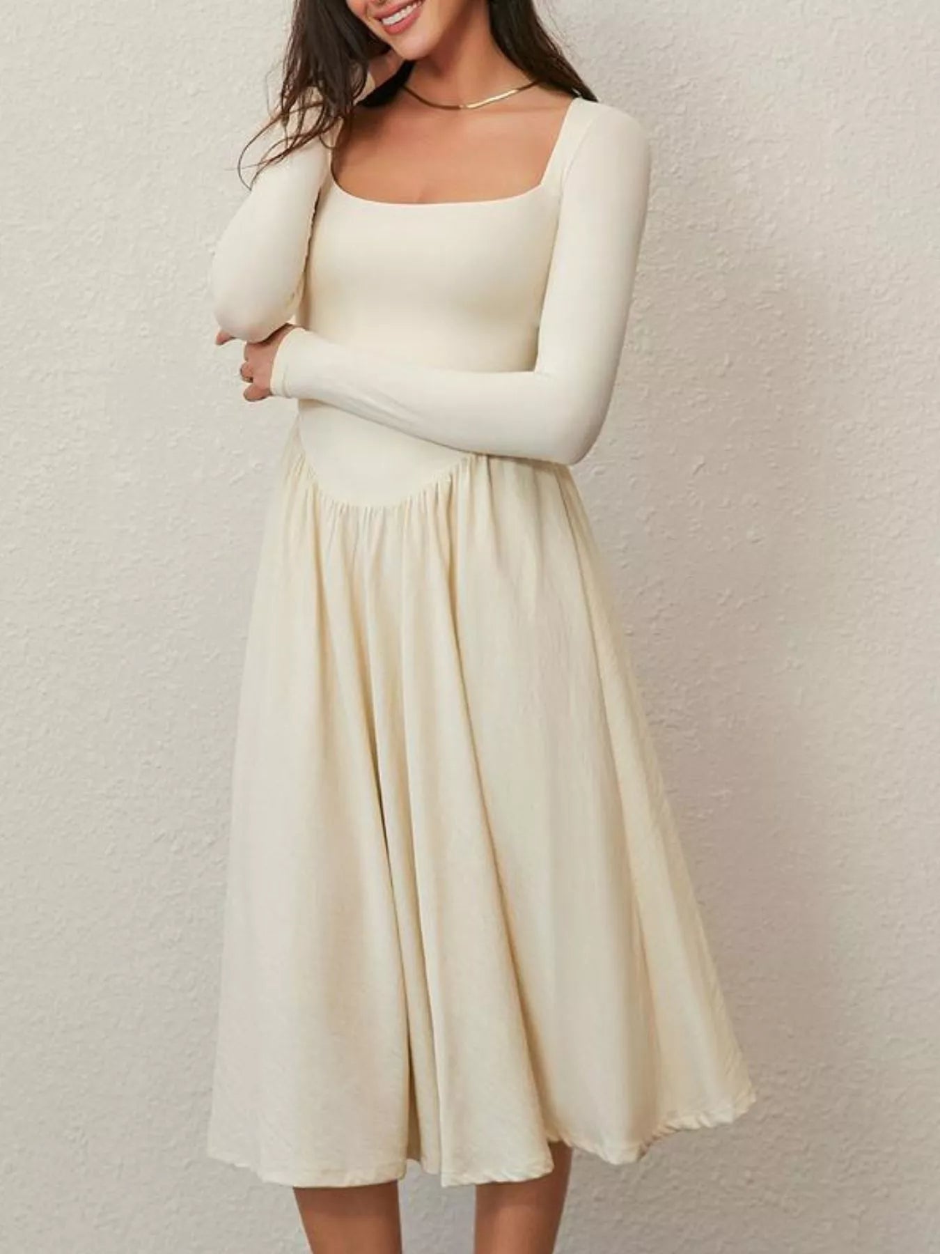 Square Neck Long Sleeve Midi Dress