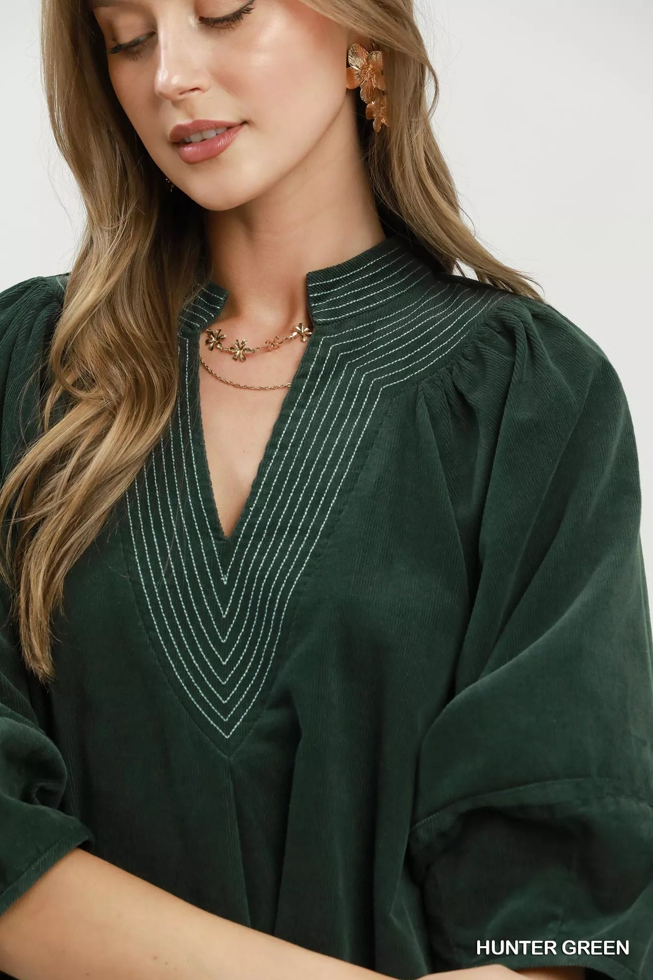 Umgee Corduroy V-Neck Puff Sleeve Shift Dress with Pockets