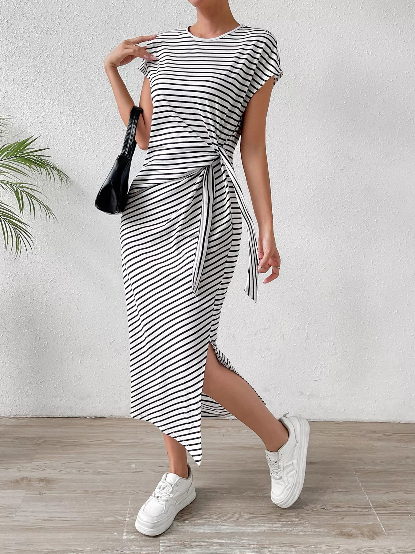 Striped Tie Side Casual Midi Dress