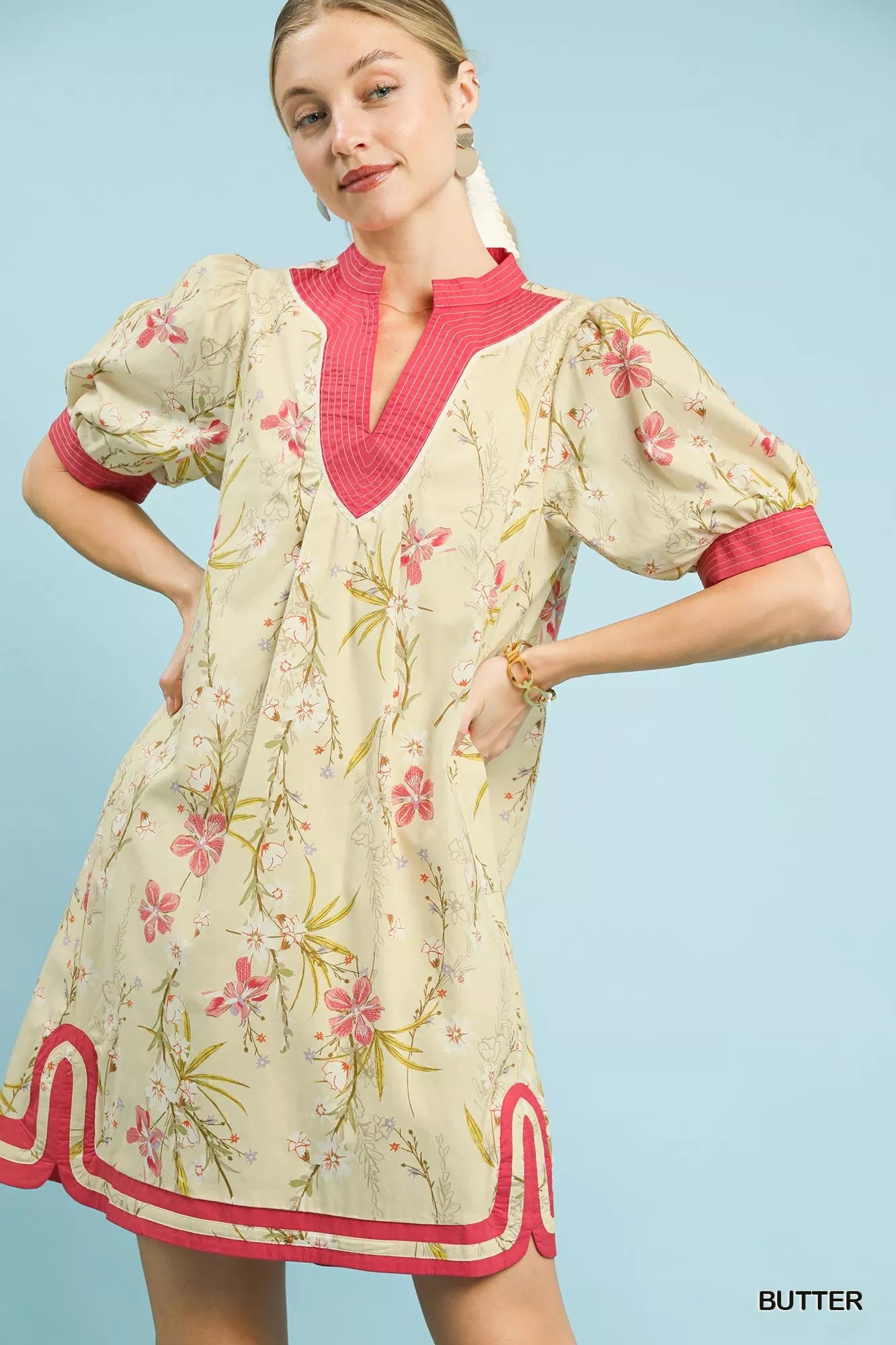 Umgee Floral Puff Sleeve Dress with Contrast Trim