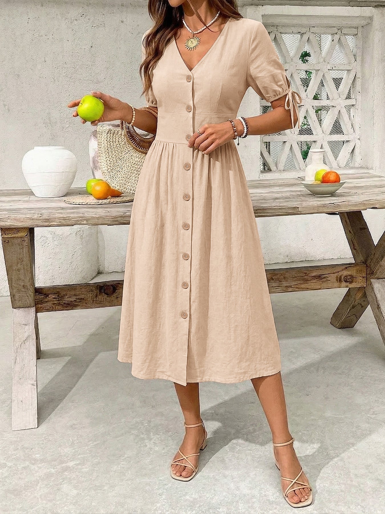 Button-Down Short Sleeve Midi Dress