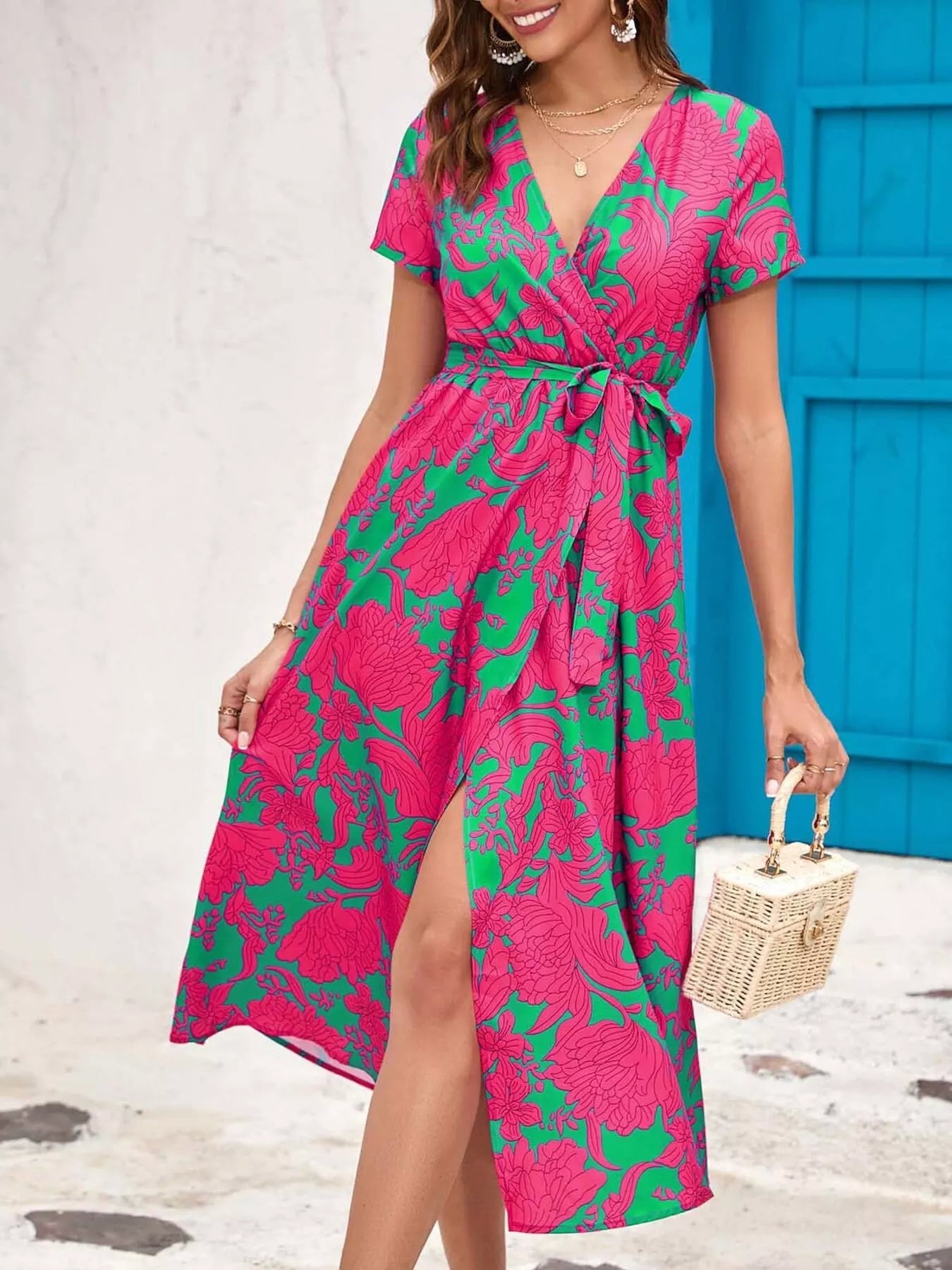 Surplice Short Sleeve Midi Dress