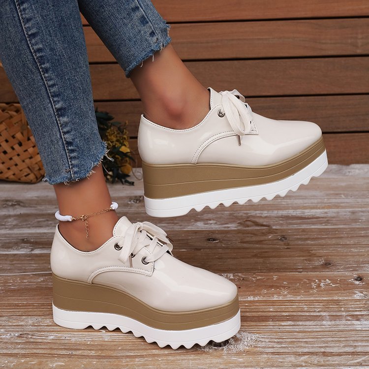 Womens Lace-up Square-toe Patent Leather Platform Wedge Heels