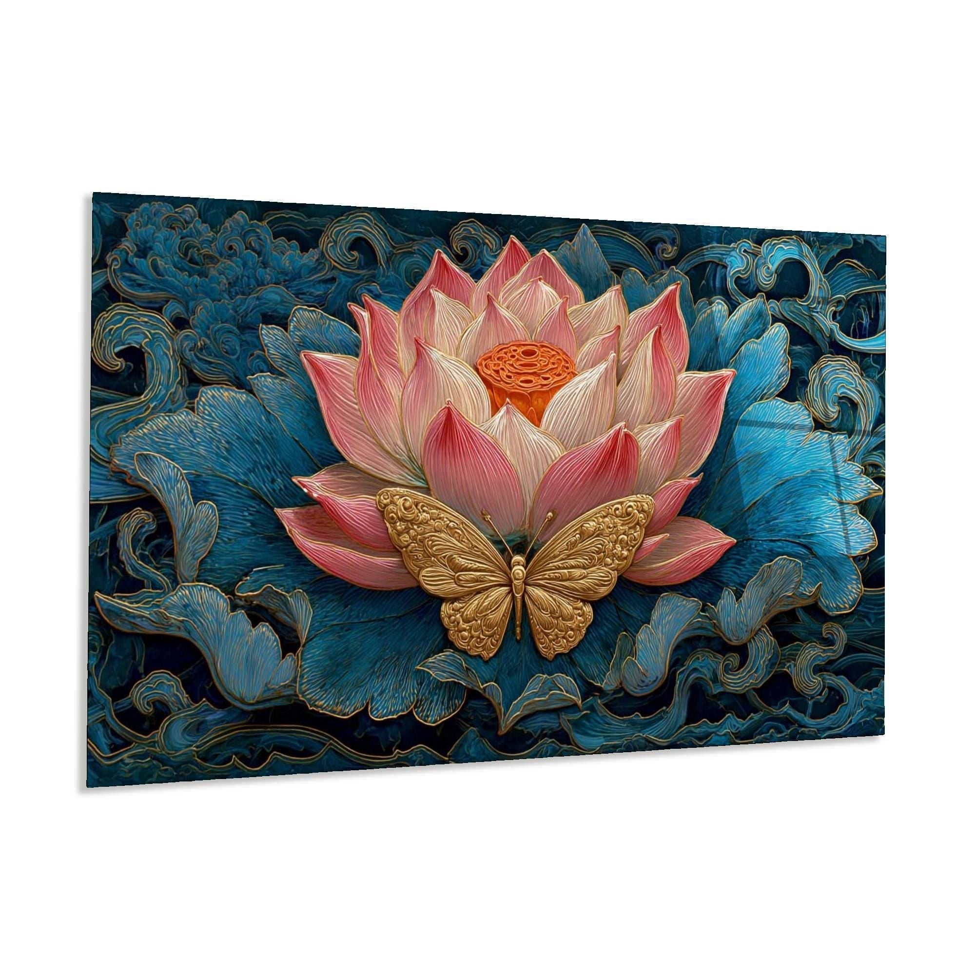 Lotus Butterfly Tempered Glass Wall Art | Asian Inspired Décor
