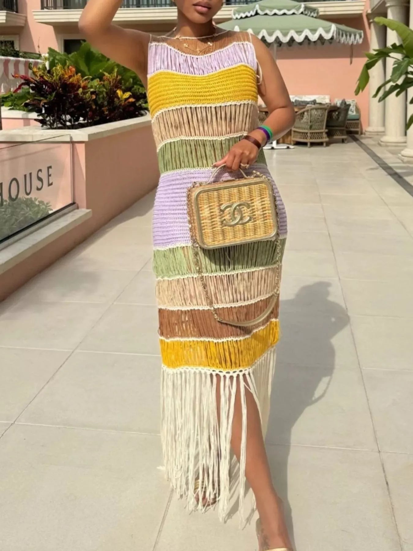 Fringe Crochet Knit Color Block Maxi Dress