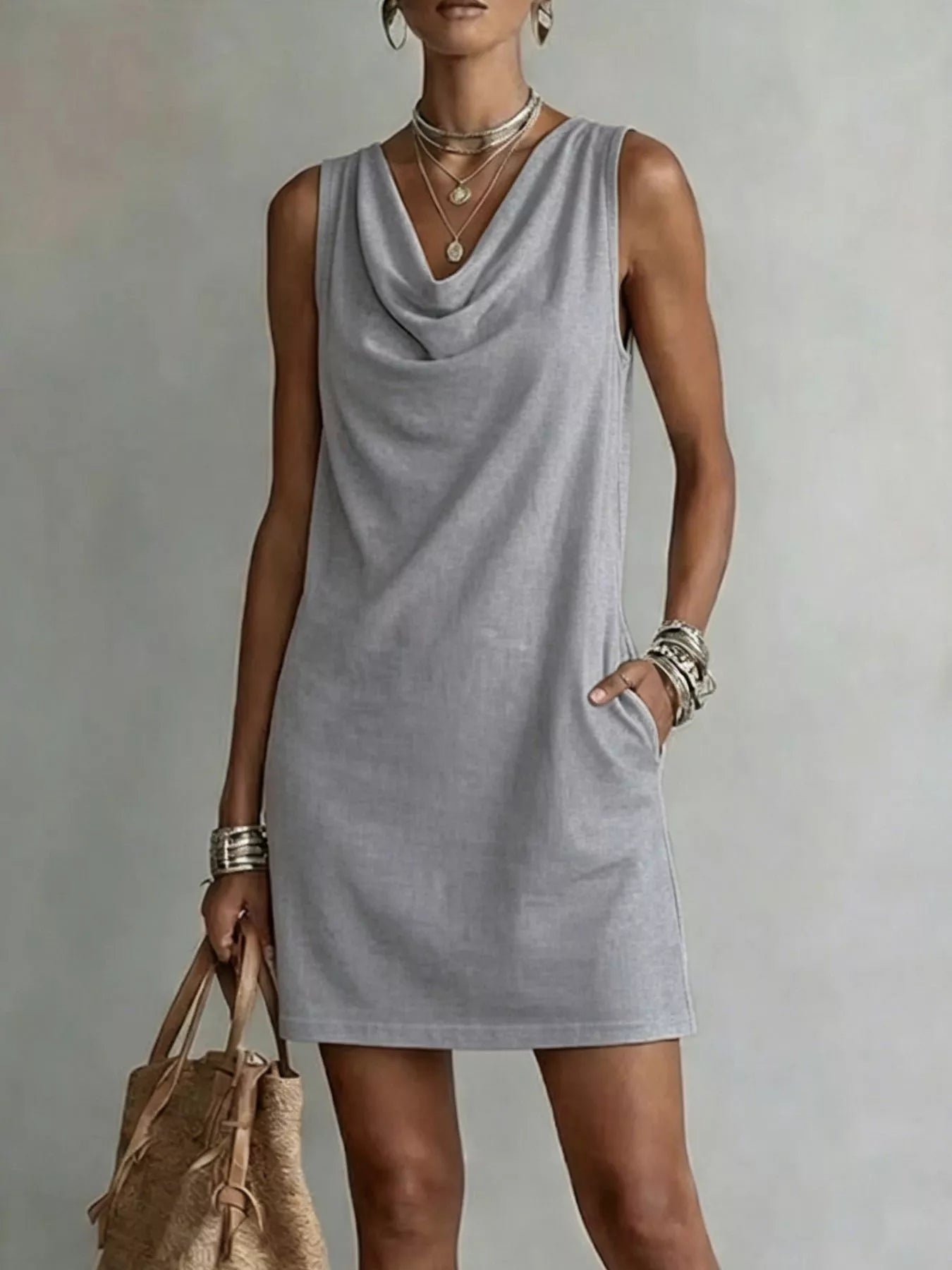 Full Size Sleeveless Cowl Neck Mini Dress Plus Size