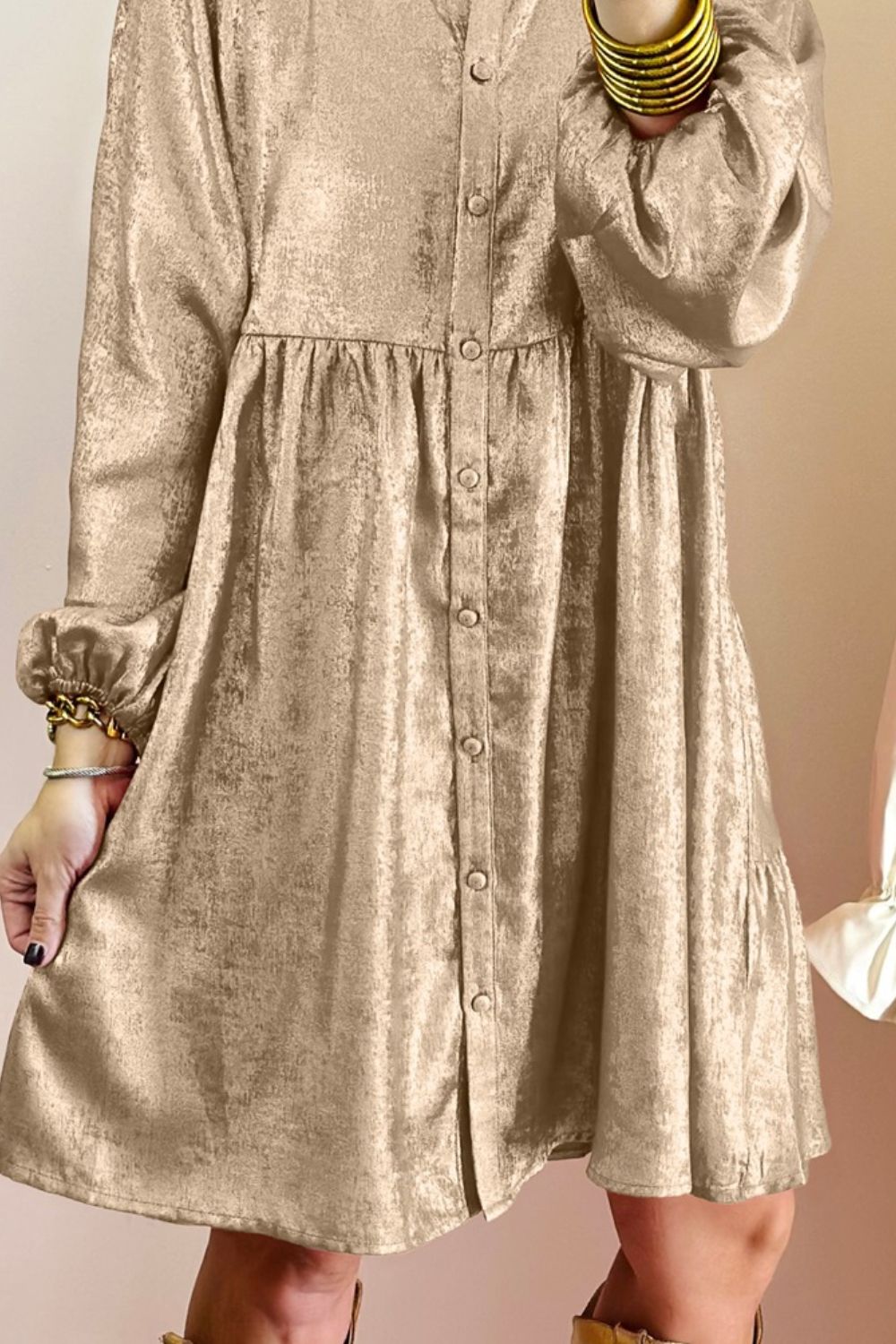 Button Front Balloon Sleeve Mini Dress