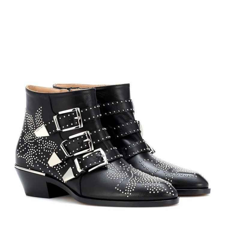 Studded Snake Skin Ankle Boots For Woman Buckle Strap Genuine Leather Chunky Heel Martin Boots Women Luxury