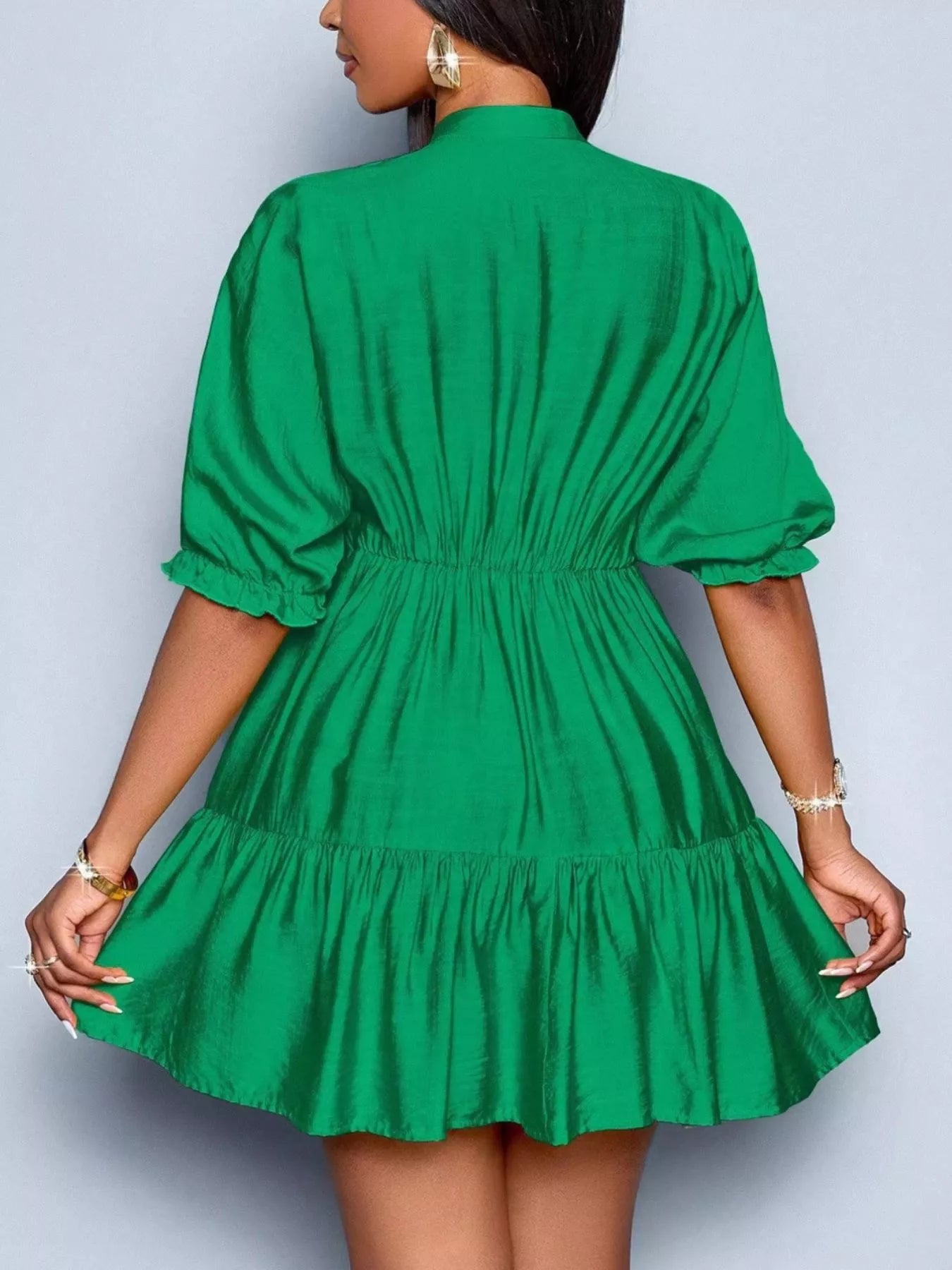 Notched Half Sleeve Tiered Dress