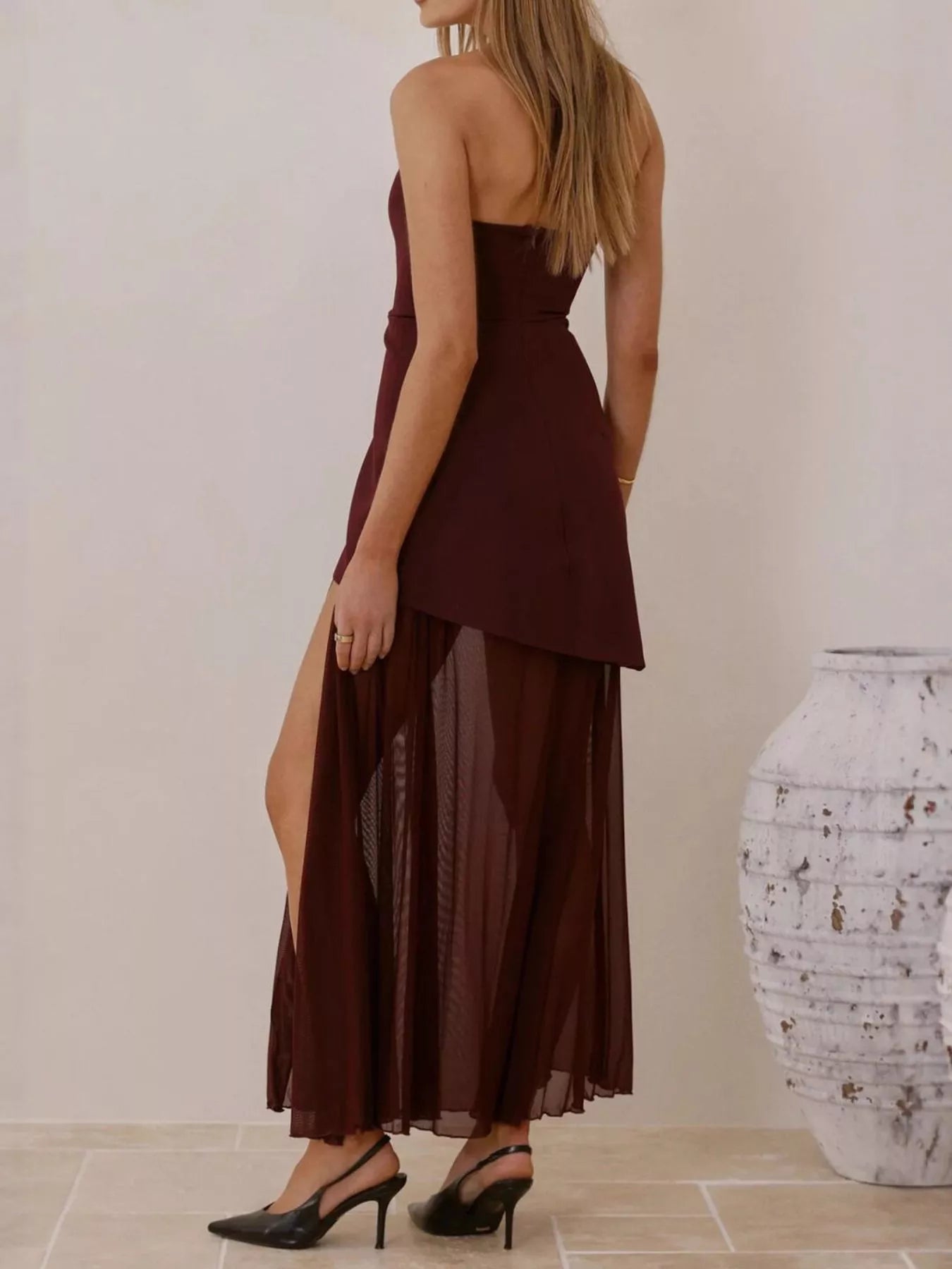 High Slit Mesh Tube Maxi Dress
