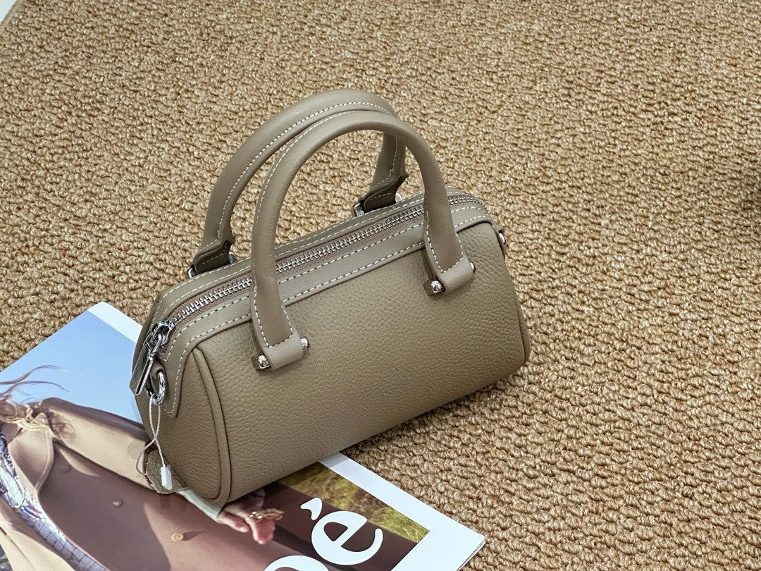 Cross-border Top-grain Leather Boston Pillow Bag, Single-shoulder, Crossbody Small Bag, Versatile Genuine Leather Women's Handbag