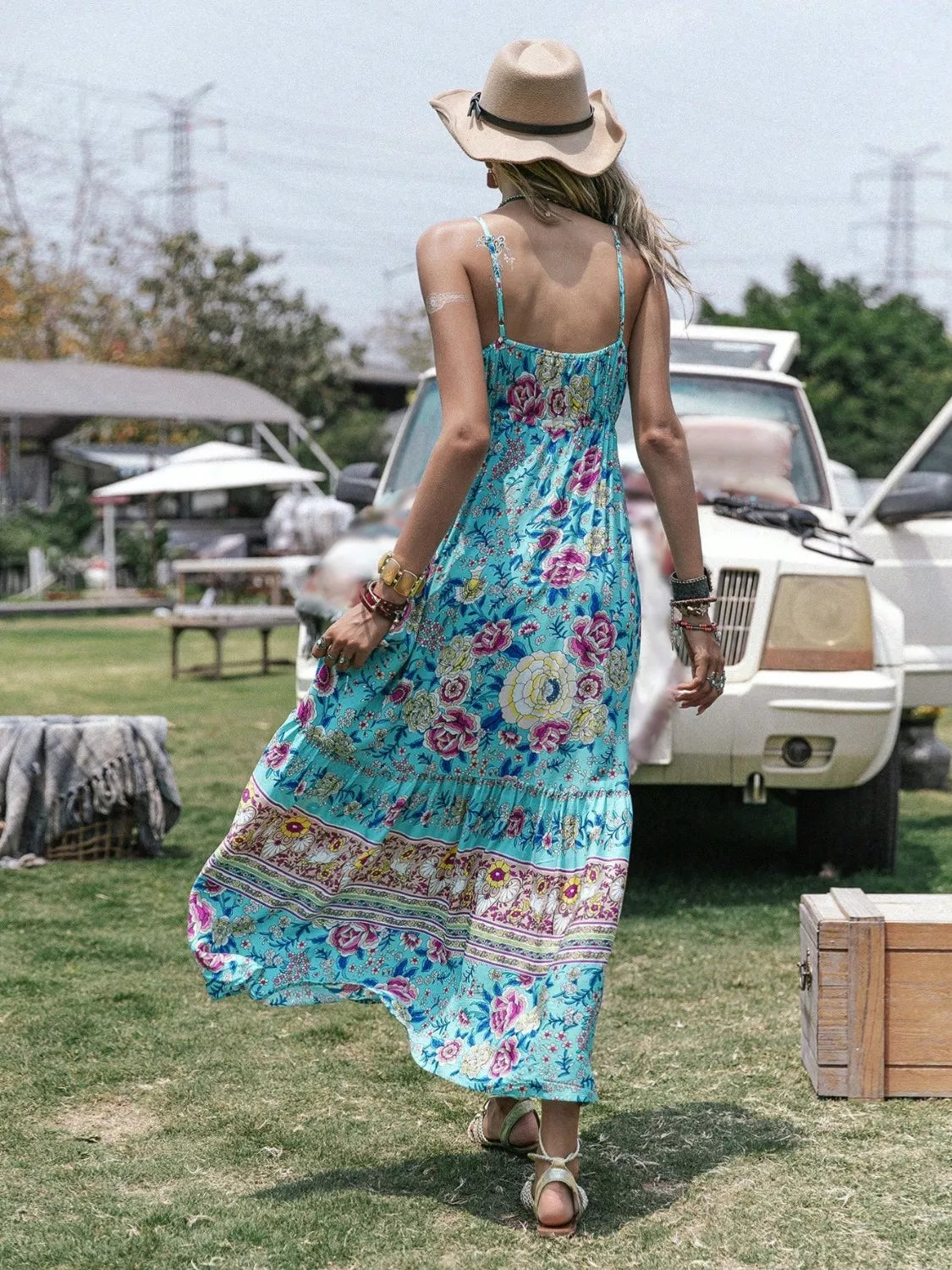 Tassel Floral Print Tiered Cami Dress