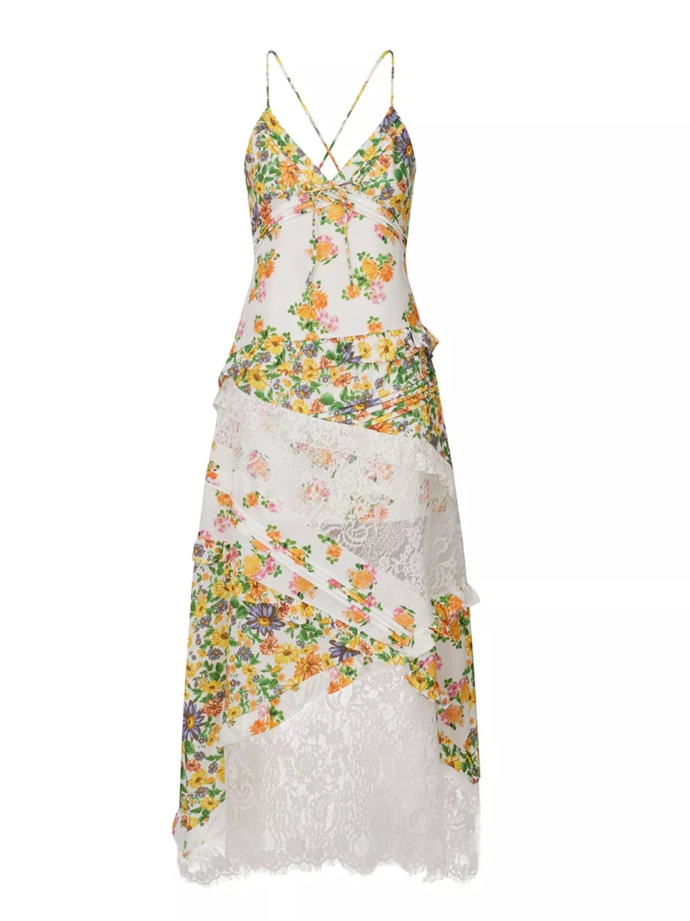 Lace Floral Print Ruffle Trim Maxi Dress