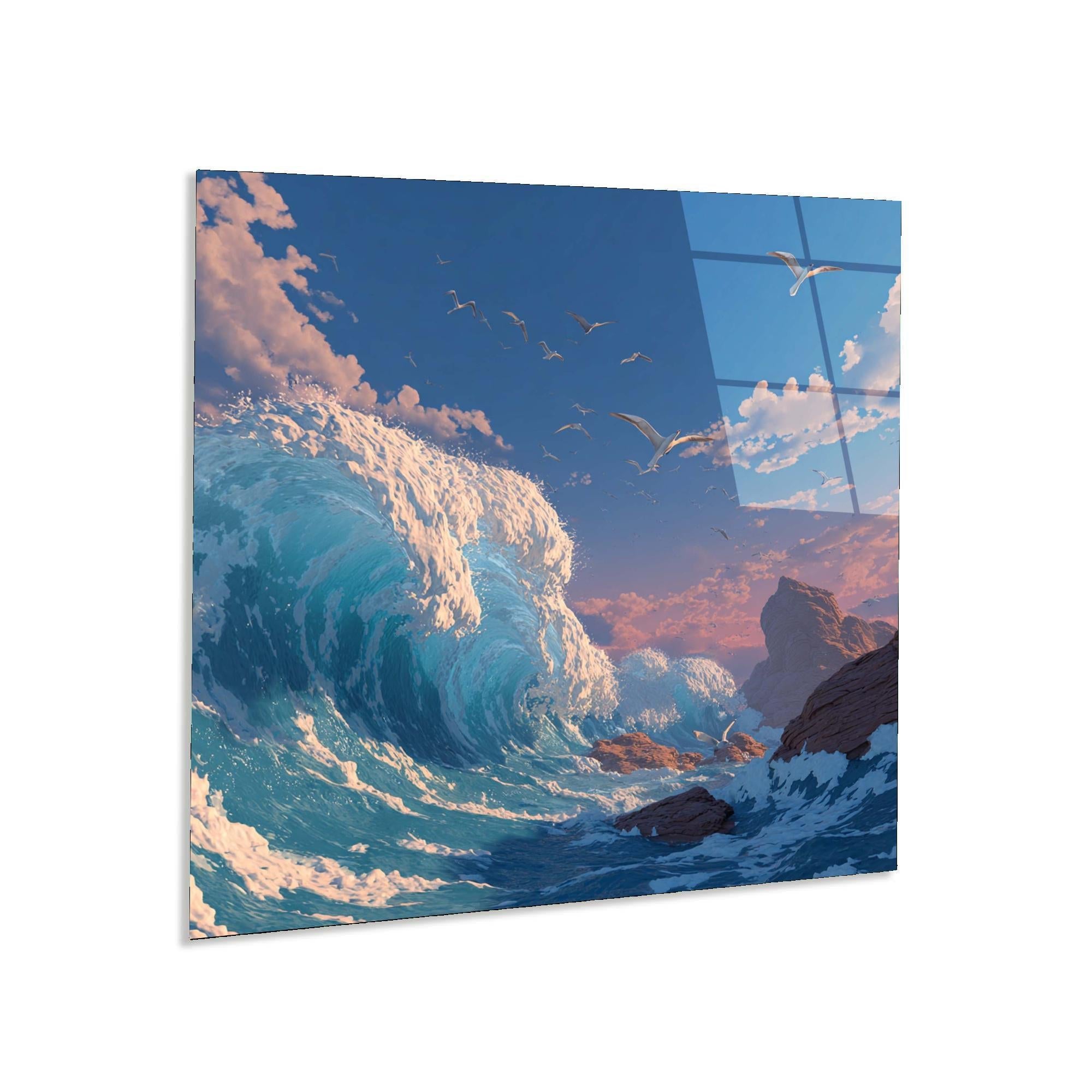 Tempered Glass Ocean Wave Wall Art | Coastal Seagulls Decor
