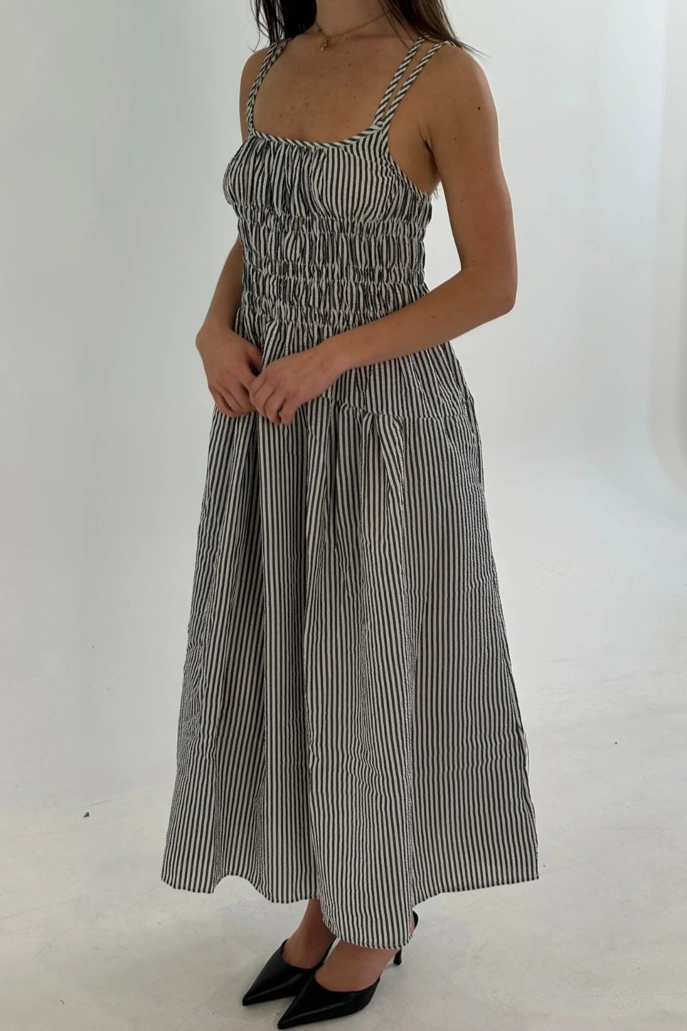 Striped Smocked Bodice Midi Dress