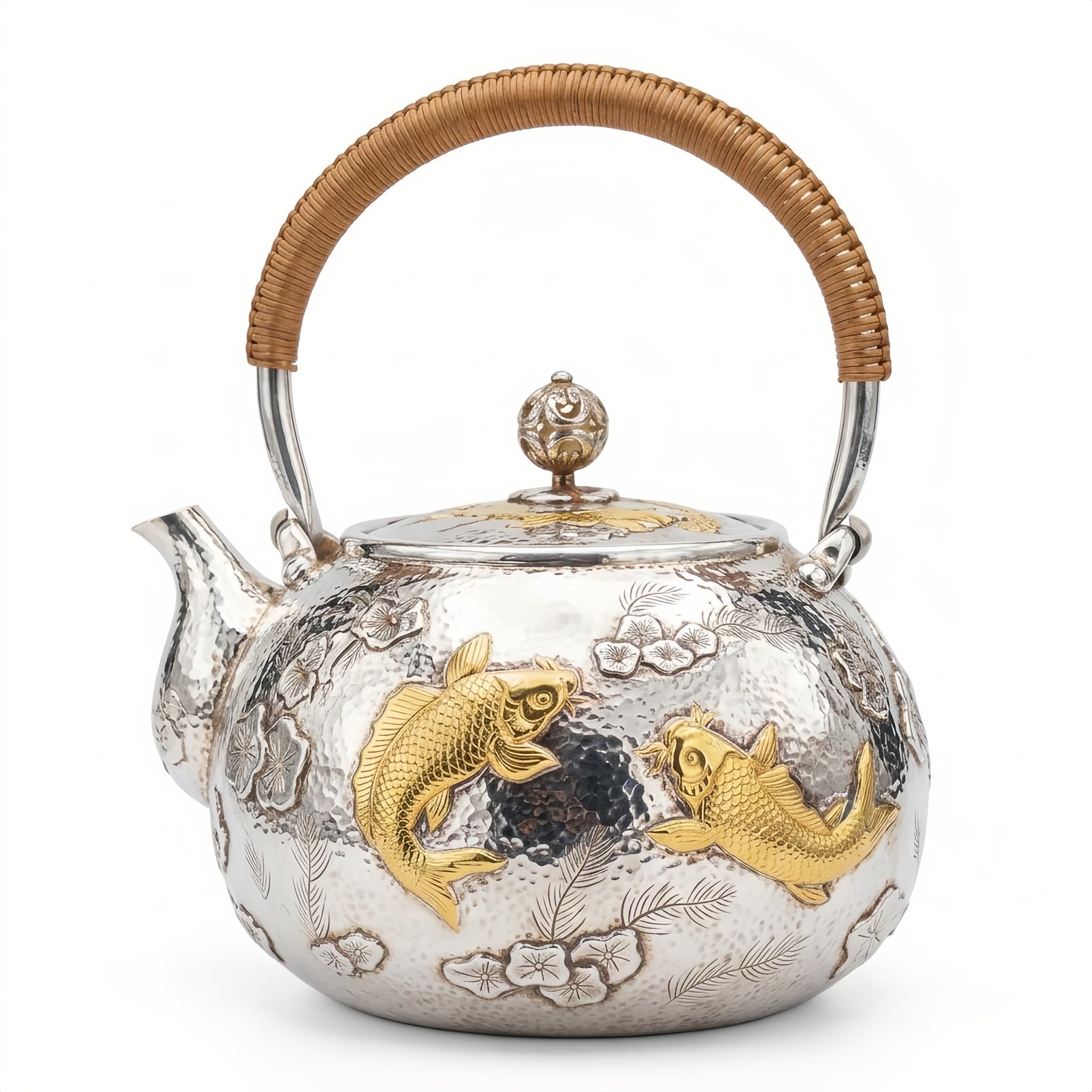 925 Sterling Silver Exquisite Silver Teapot Featuring Handcrafted Gilded Carp and Intricate Floral Motifs - Handicraft