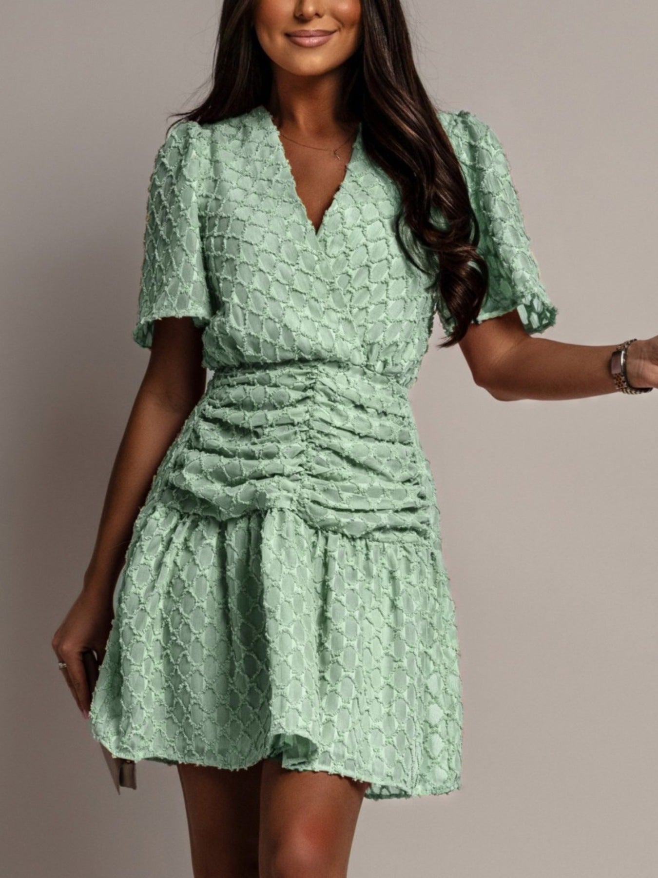 Textured Ruched Surplice Short Sleeve Dress