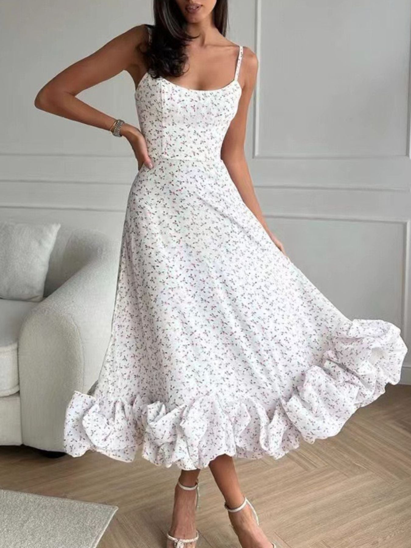 Floral Print Ruffle Hem Spaghetti Strap Midi Dress