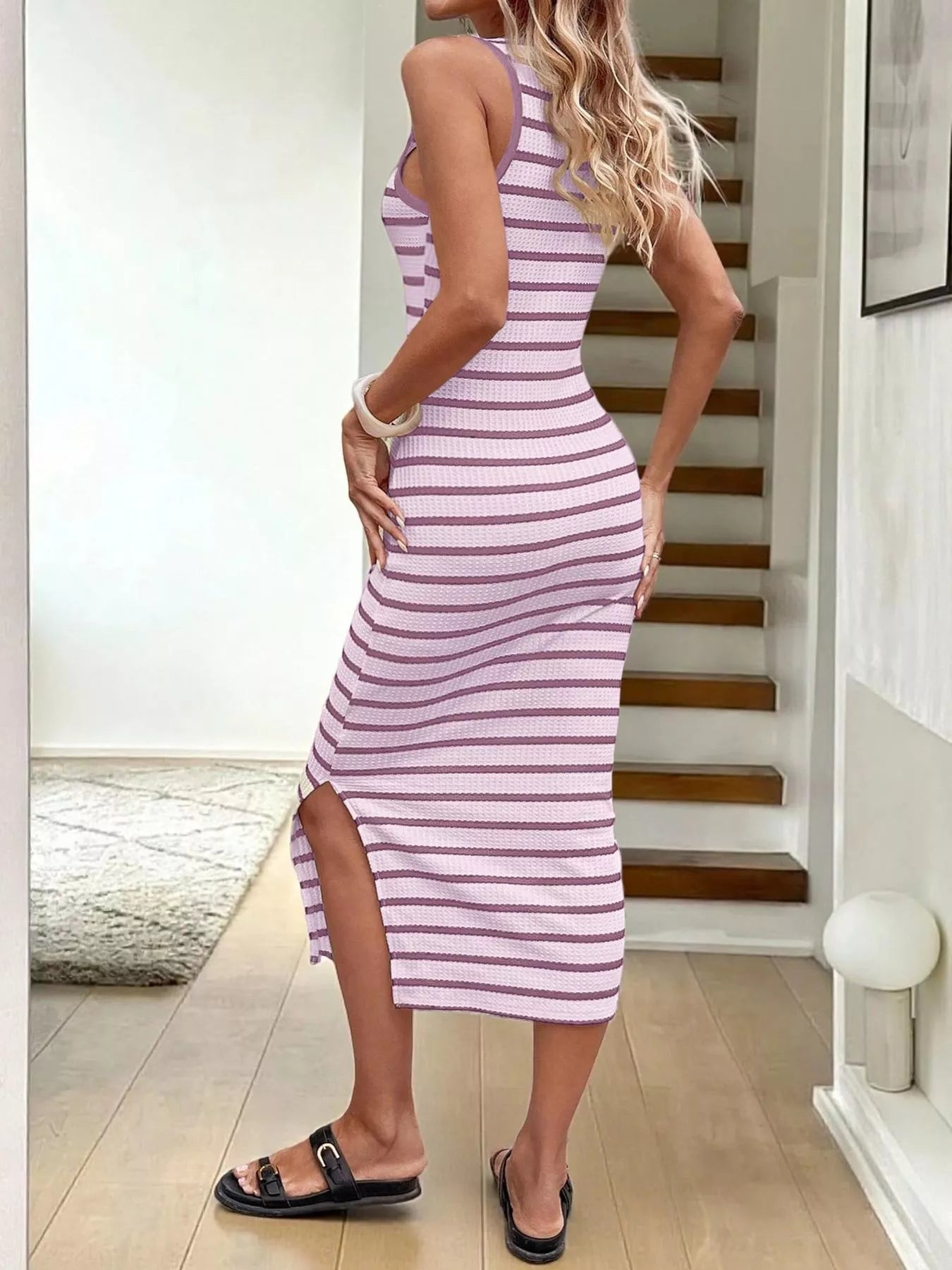 Striped Sleeveless Bodycon Midi Dress