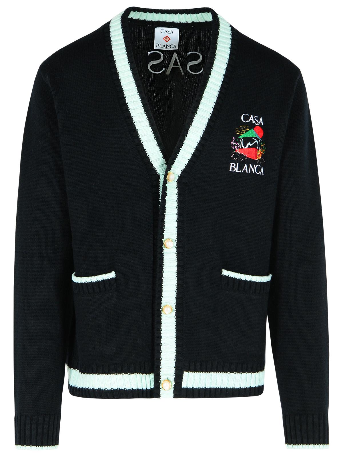 Casablanca 'Mountain Temple' Black Merino Wool Embroidered Cardigan Men