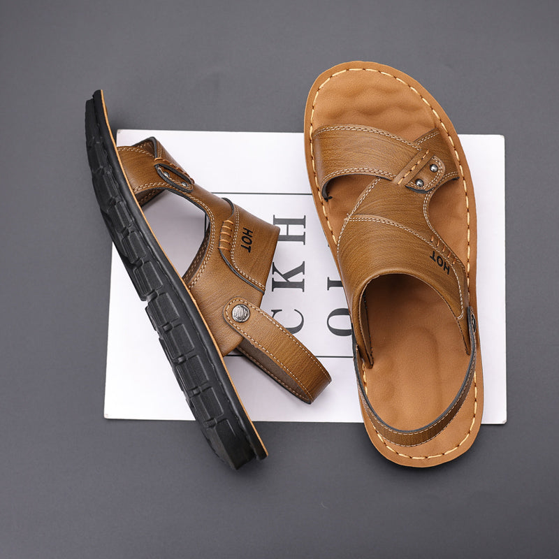 Men's Soft Leather Sandals, Summer Anti-slip Genuine Soft Leather Dual-wear Casual Soft Sole Sandals For Middle-aged Dad & Beach