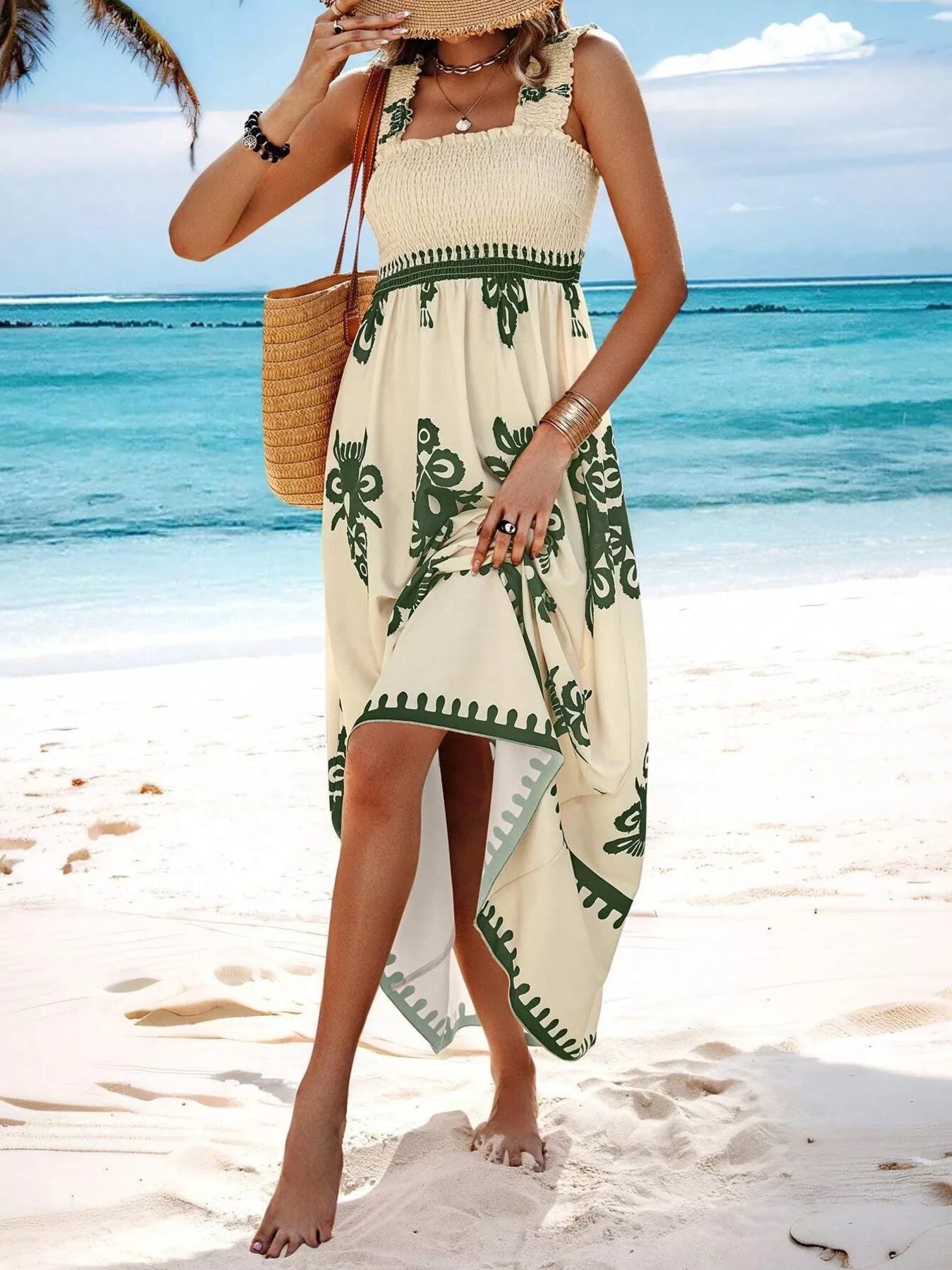 Smocked Printed Square Neck Maxi Dress