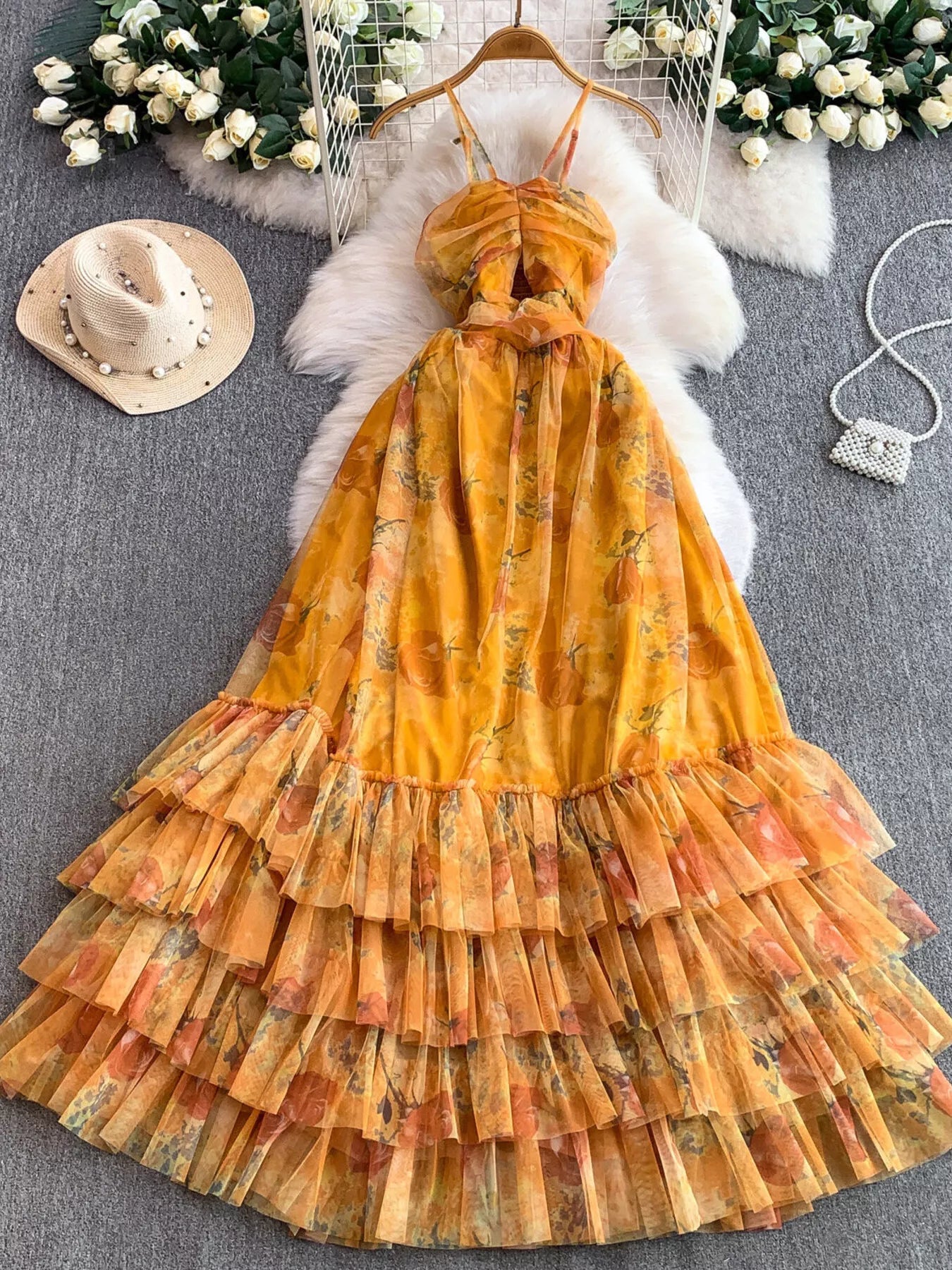 Floral Print Ruffled Layered Mesh Dress