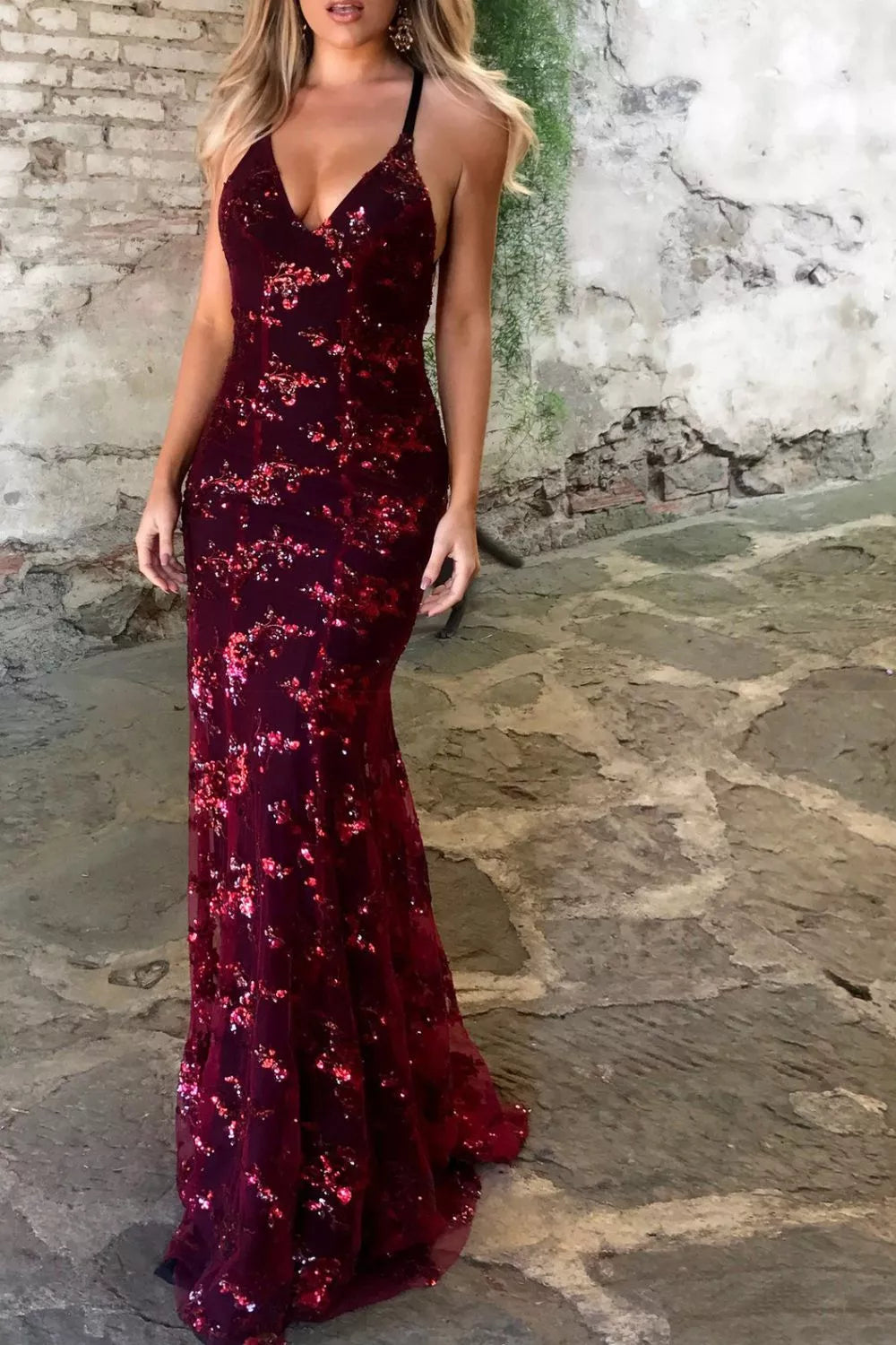 Full Size Sequin Tie Back V-Neck Maxi Dress Plus Size