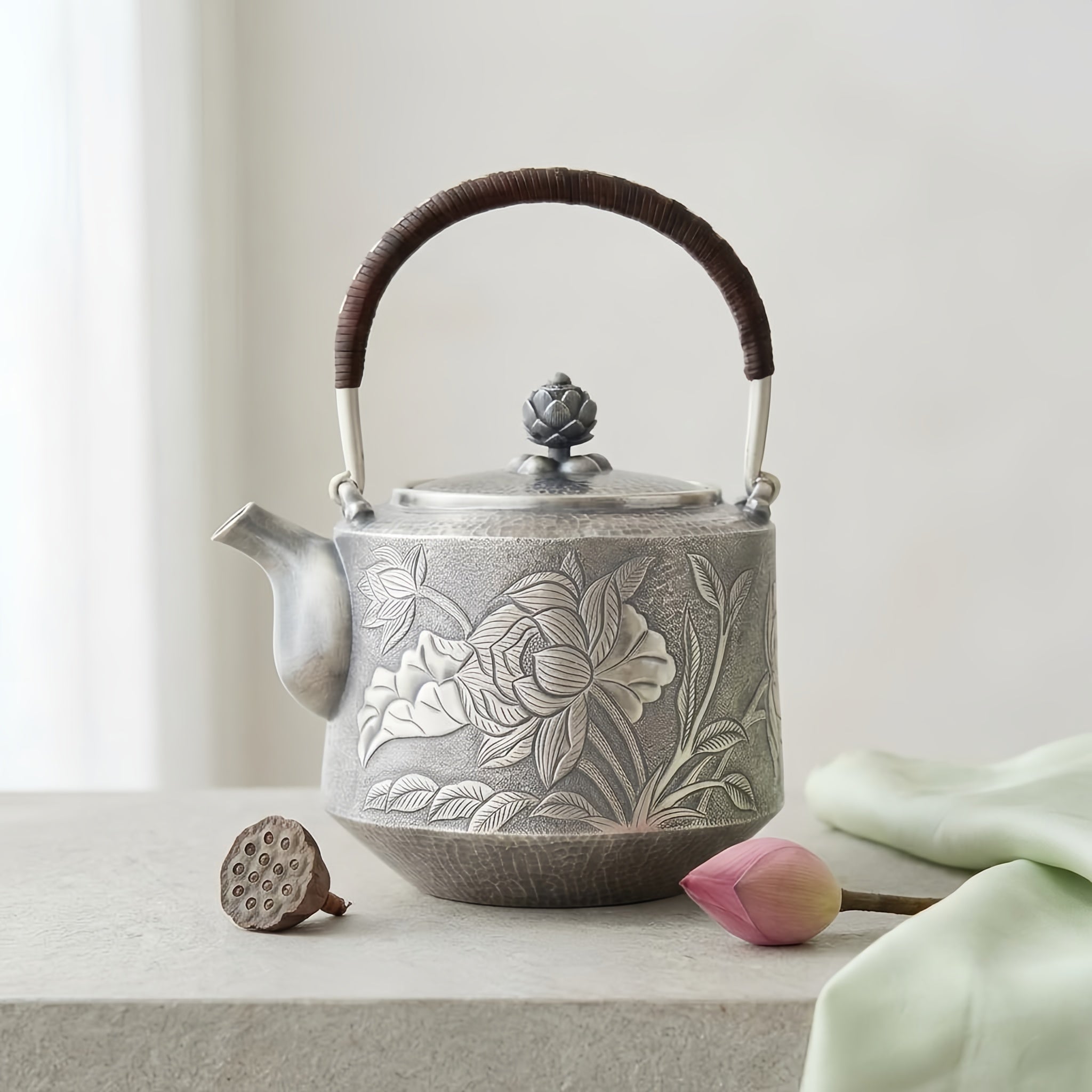 Pure 999 Fine Silver Elegant  Teapot with Handcrafted Floral Engraving, Hammered Texture, and Lotus Lid-Fine Teapot with Handle - Handicraft
